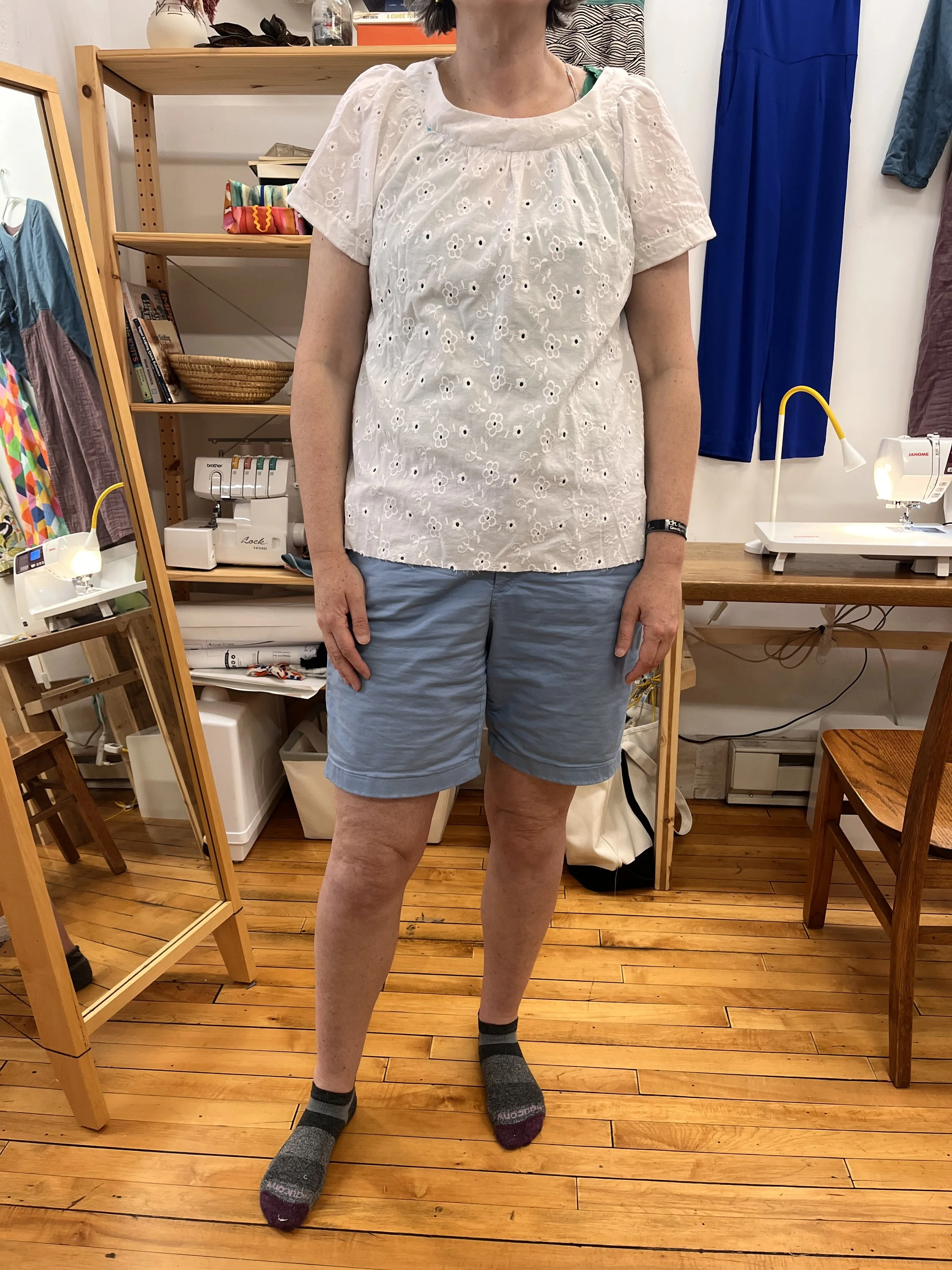 Beautiful cotton eyelet gathered top made in a beginner sewing class by a wonderfully dedicated and fun sewist.