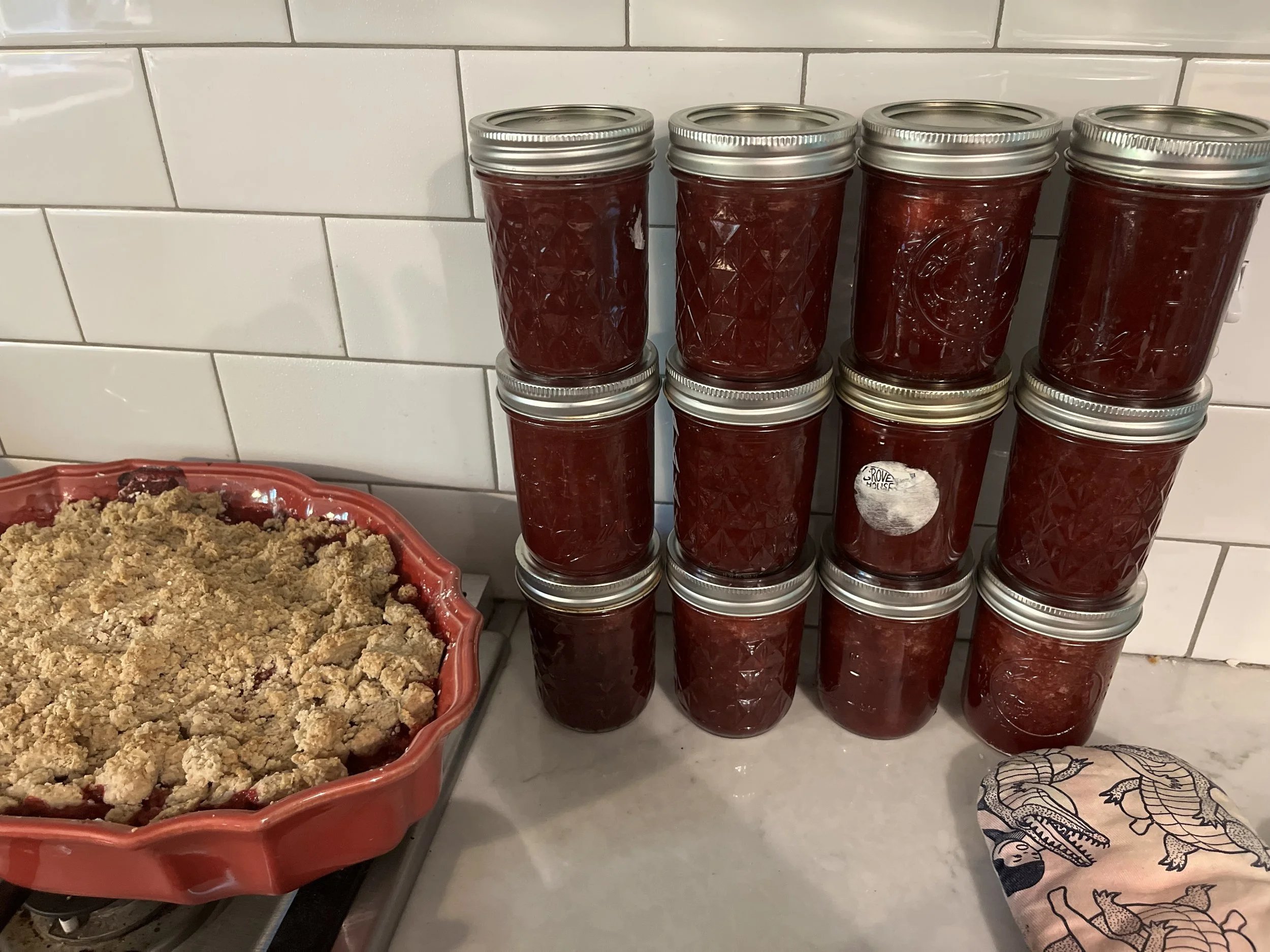 The finished haul next to some strawberry rhubarb crumble.