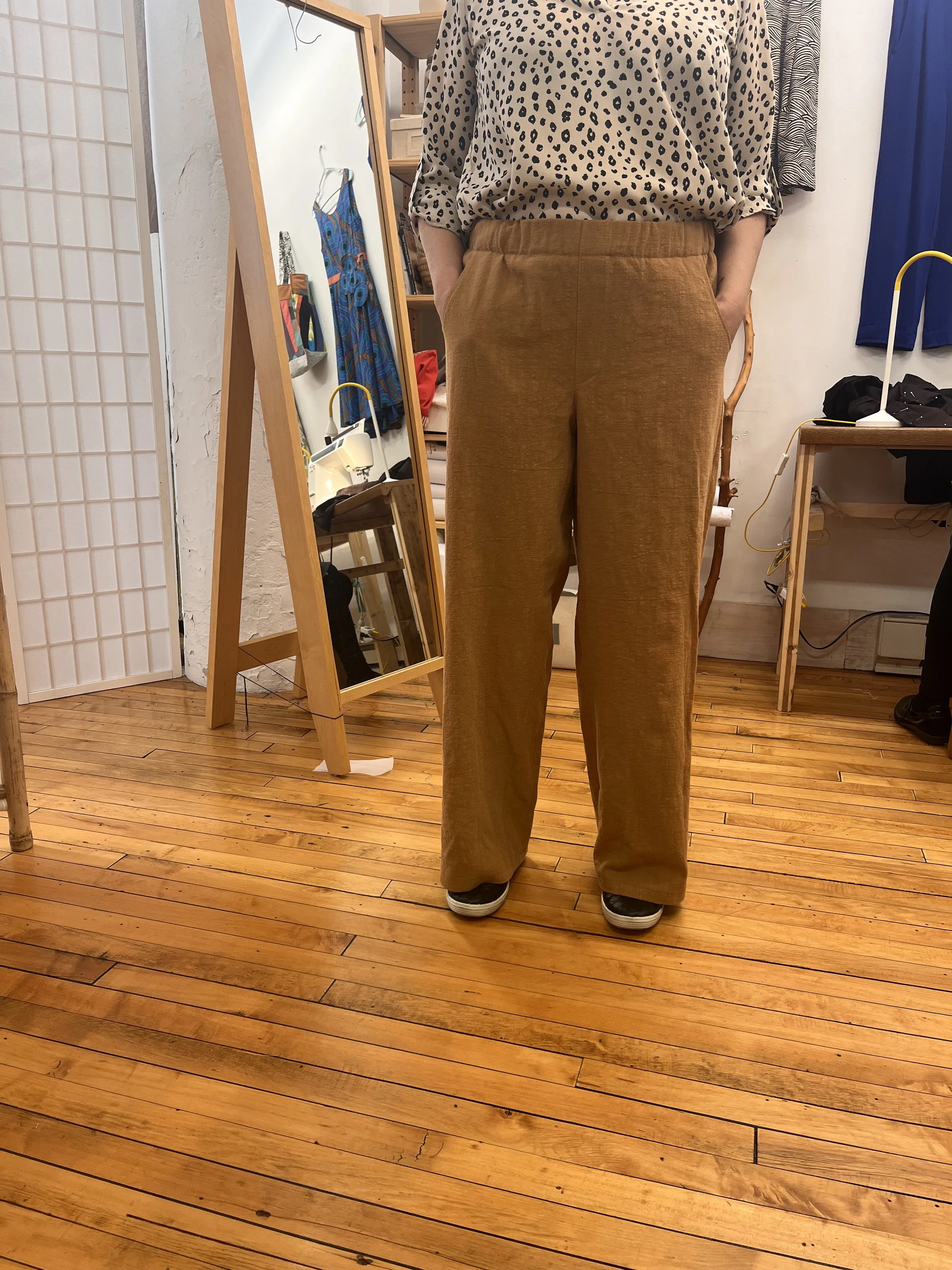 Wide leg pants made of a gorgeous slub fabric in Skill building sewing class in Northampton, MA