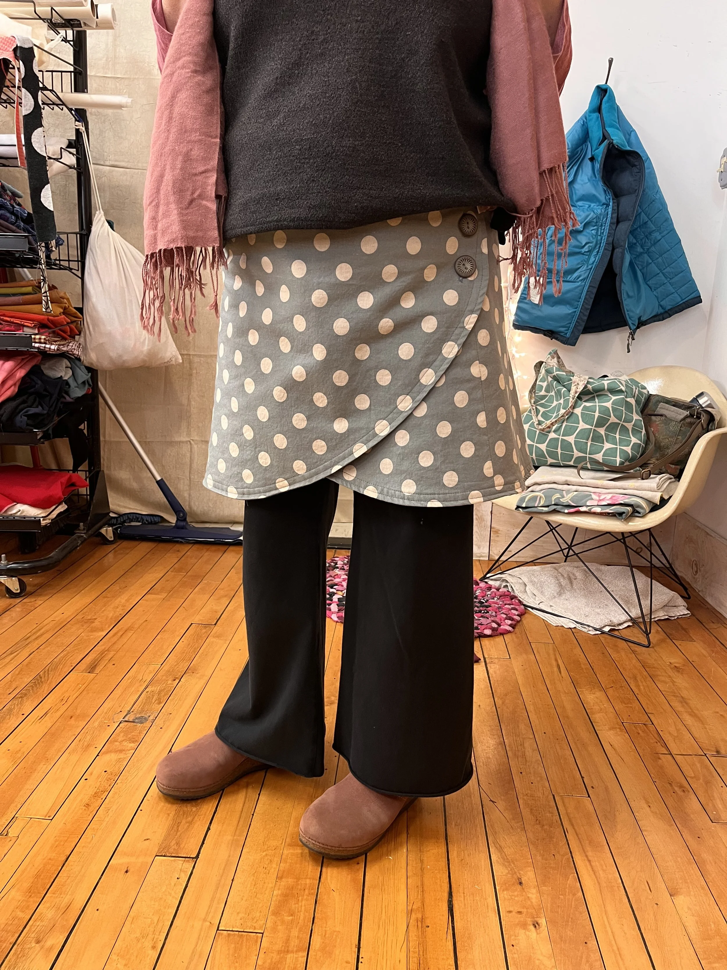 Lovely double-sided wrap skirt made of cotton canvas blend in beginner sewing class at Grove House Sewing Studio