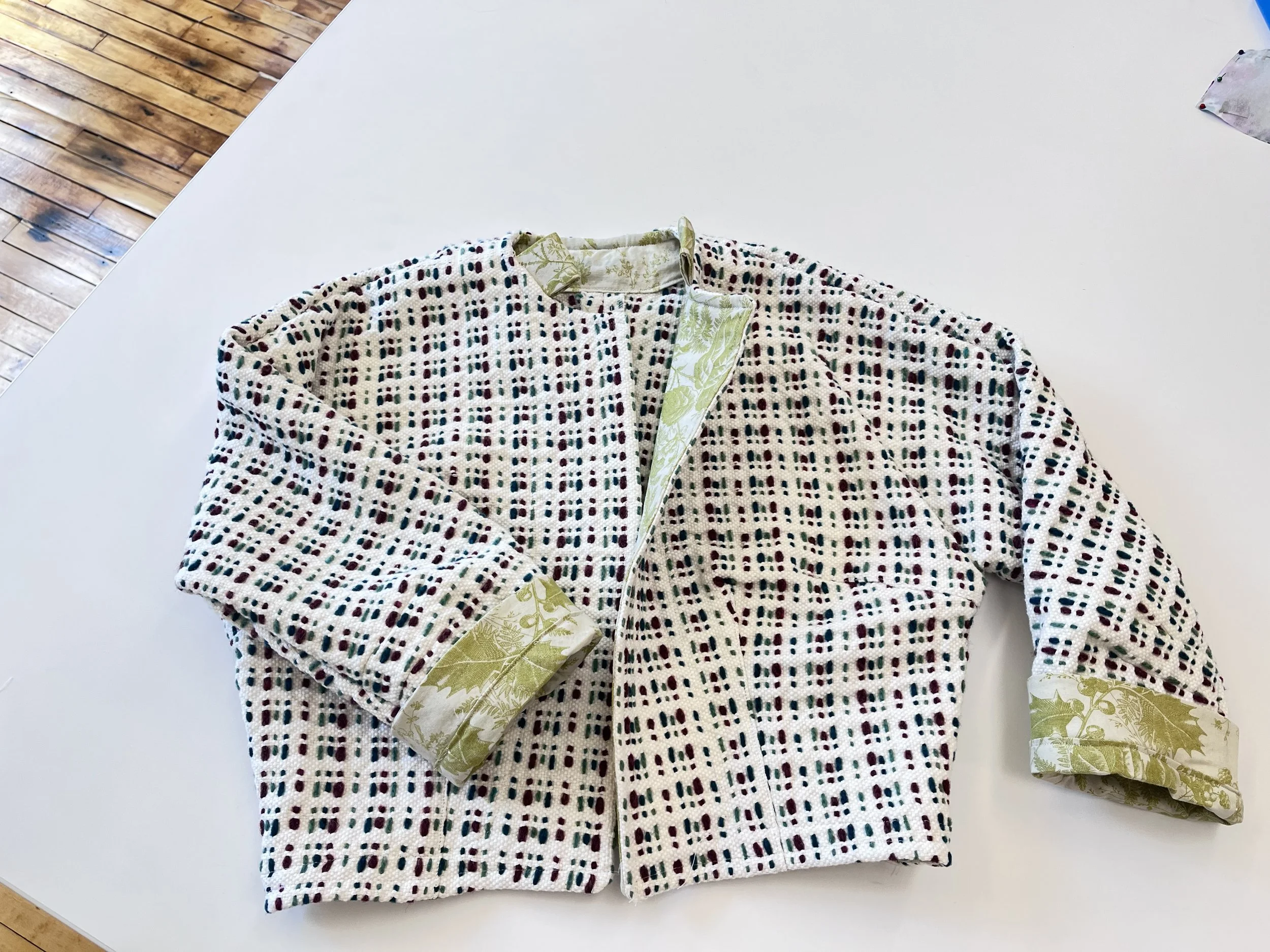 ~1940's jacket pattern sewing up in a home-woven wool and lined with a foresty fabric from Valley Fabrics