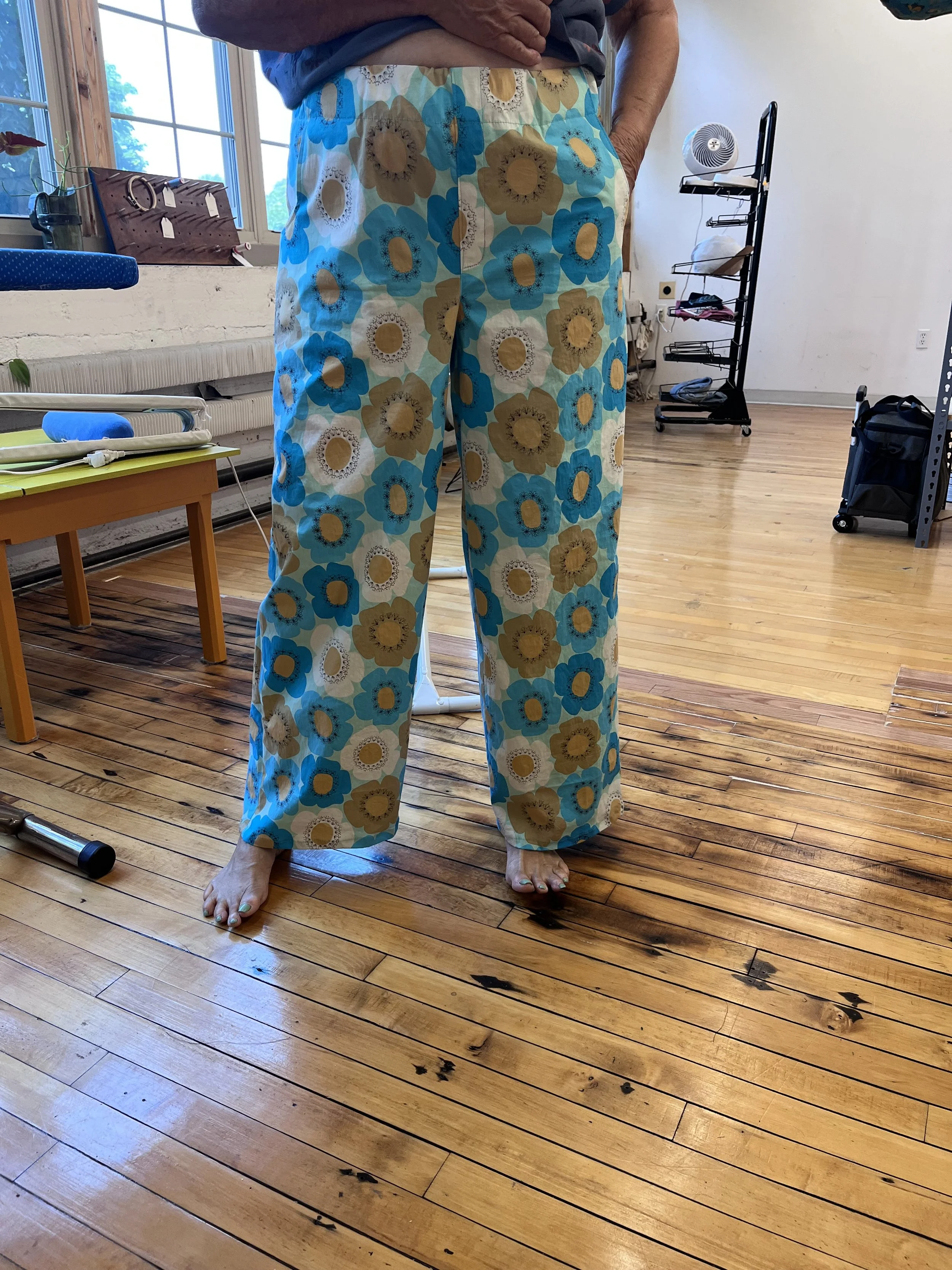 Pants made of fabric found at Swanson's Fabric and sewn up in a beginner sewing class in Northampton MA
