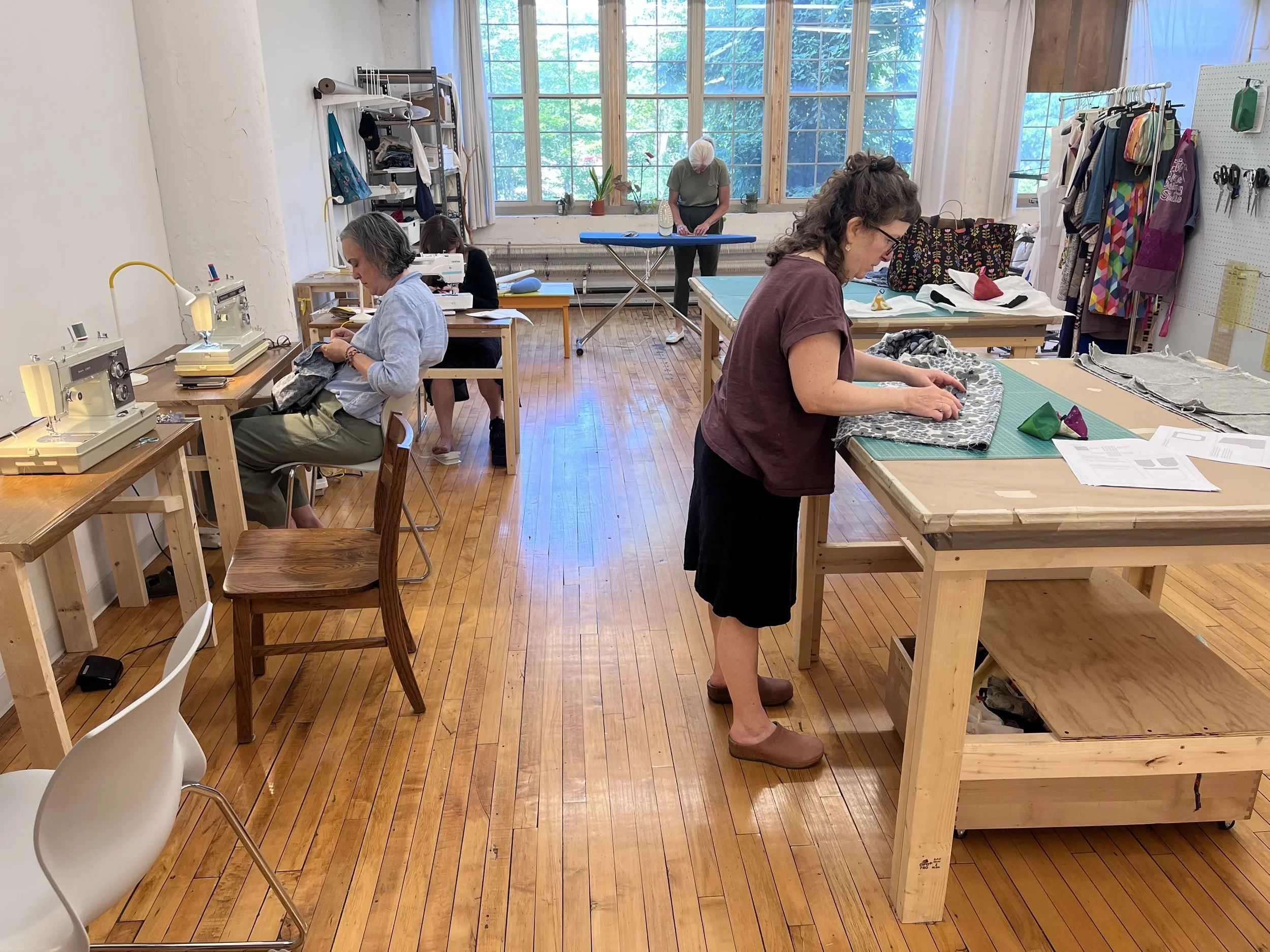 Students making garments in beginner sewing class at Grove House Sewing Studio where all sewers are welcome.