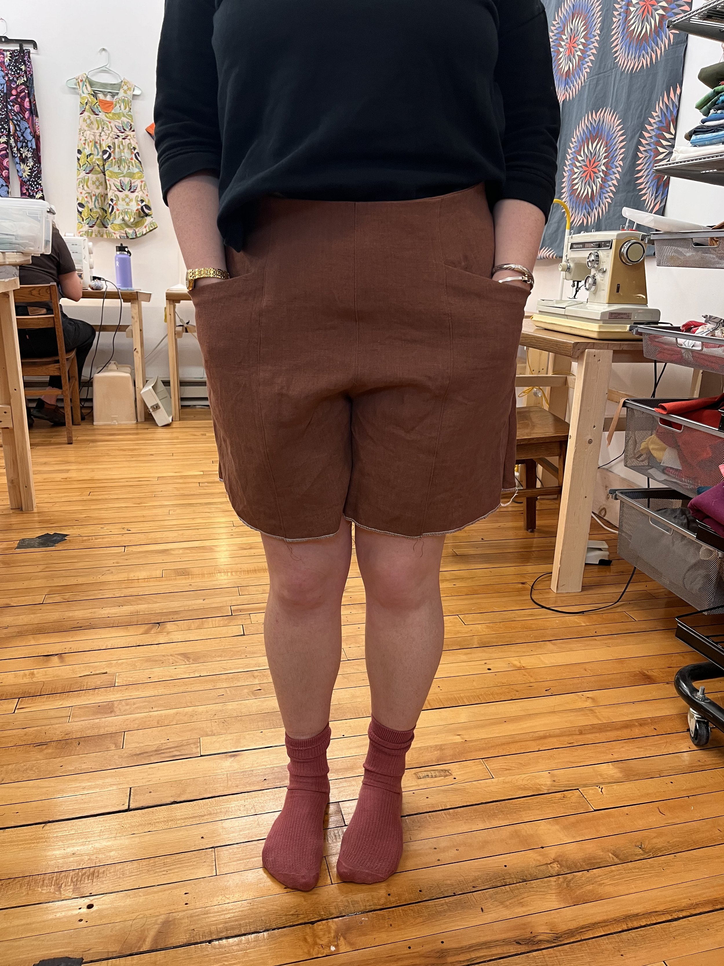 Closet core shorts made of a drapey brown linen made in a friends class.  