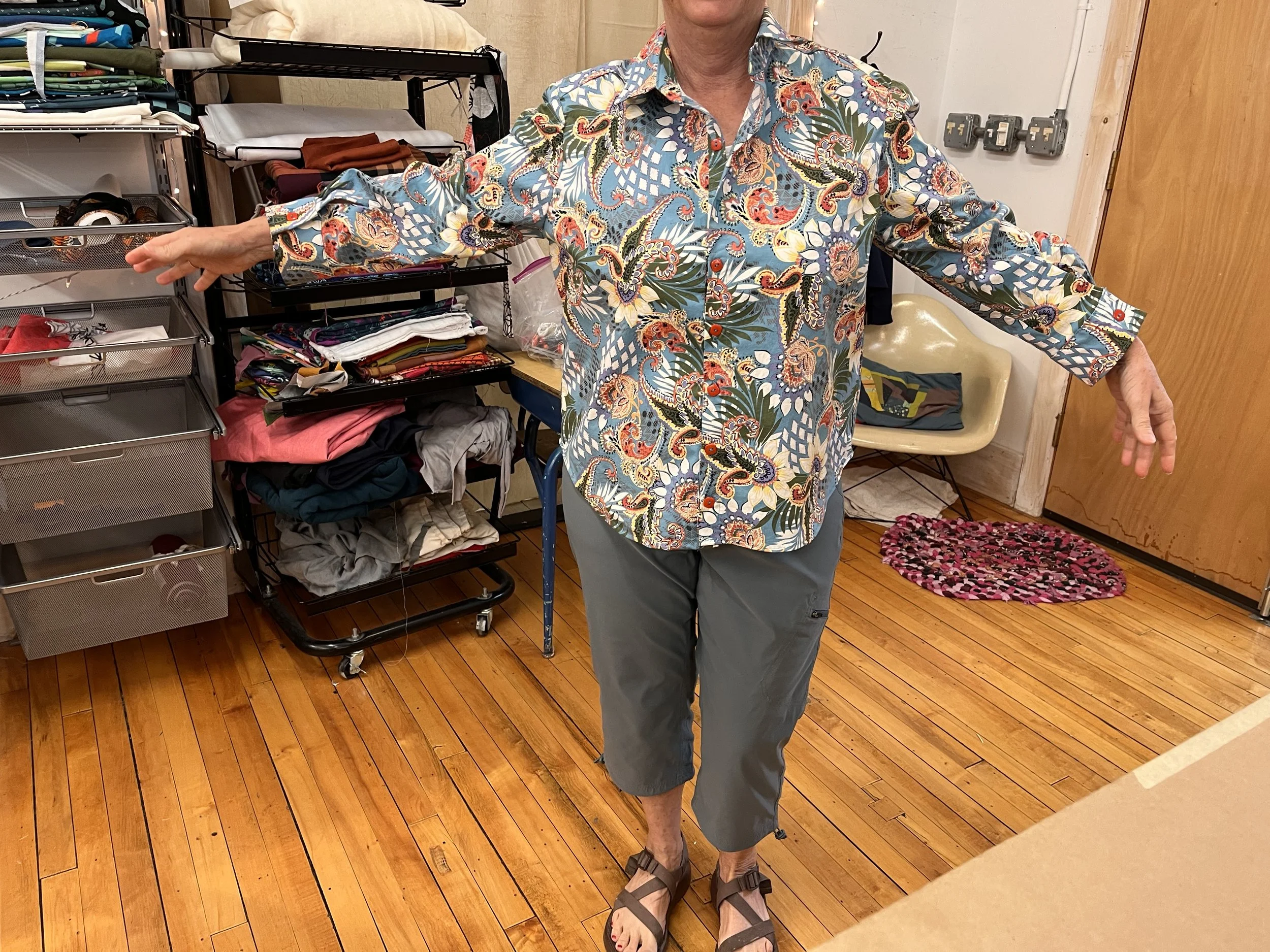 A Grainline Archer shirt made of a fun light summer fabric in a Grove House sewing class.