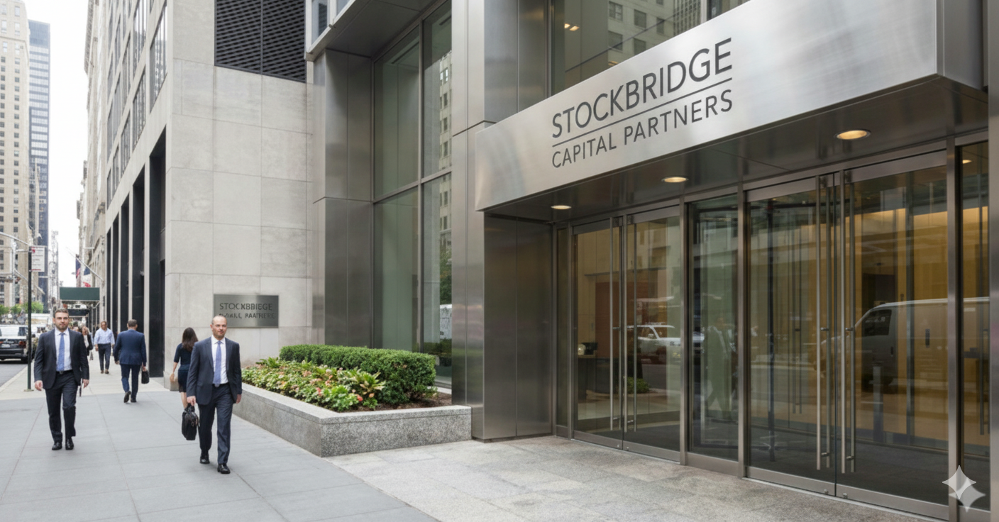City sidewalk in front of a modern office building with people walking, including two men in suits carrying briefcases, and the building's entrance labeled 'Stockbridge Capital Partners'