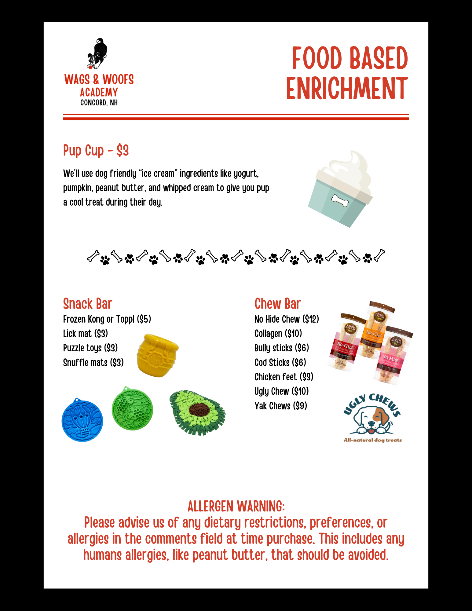 Food menu from Wags & Woofs Academy in Concord, NH, featuring dog treats and enrichment activities, including Pup Cup, Snack Bar, and Chew Bar with various options and prices, along with an allergy warning note.