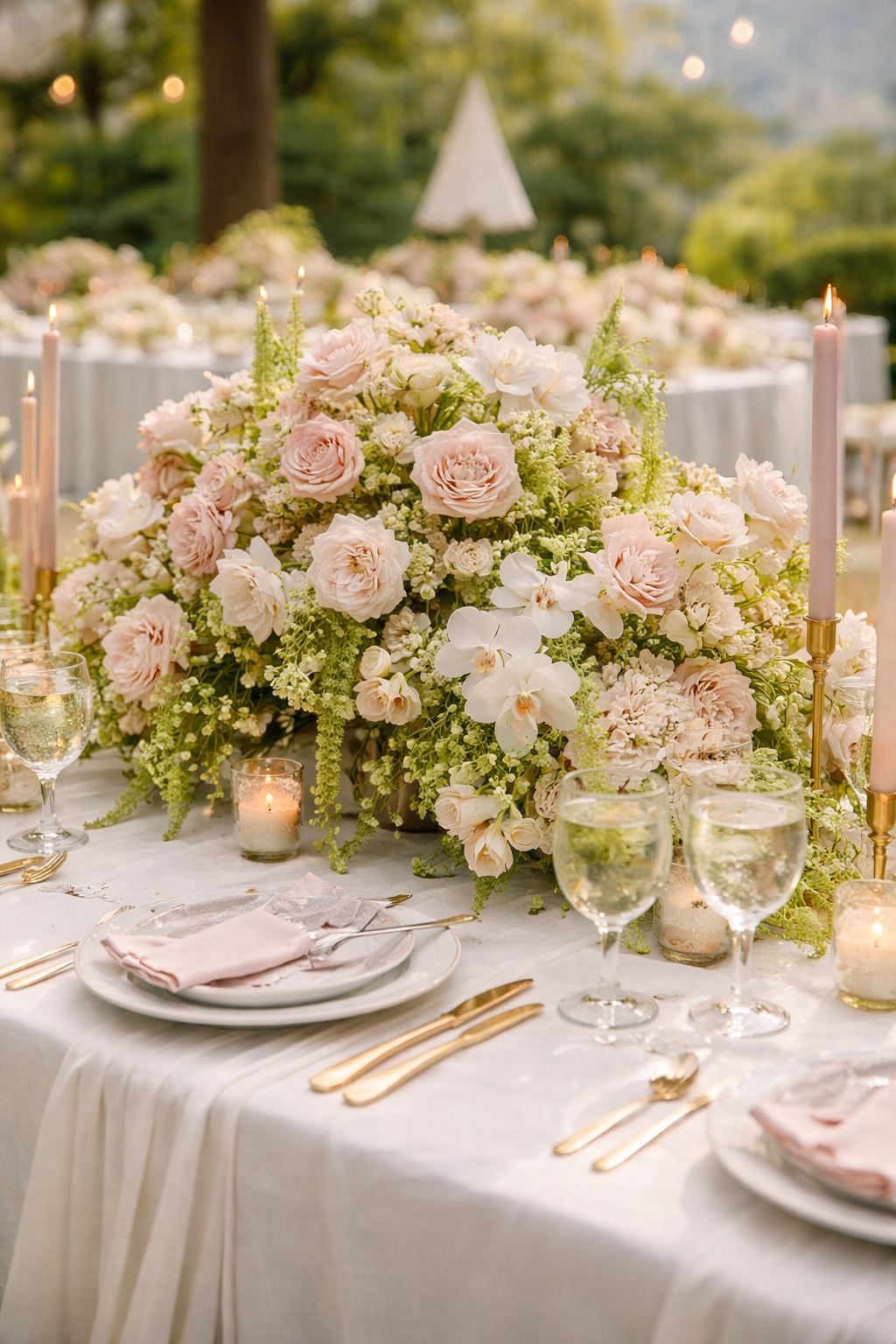 Strawberry matcha wedding tablescape with pink florals, matcha greenery, brass candleholders, and warm ivory linens