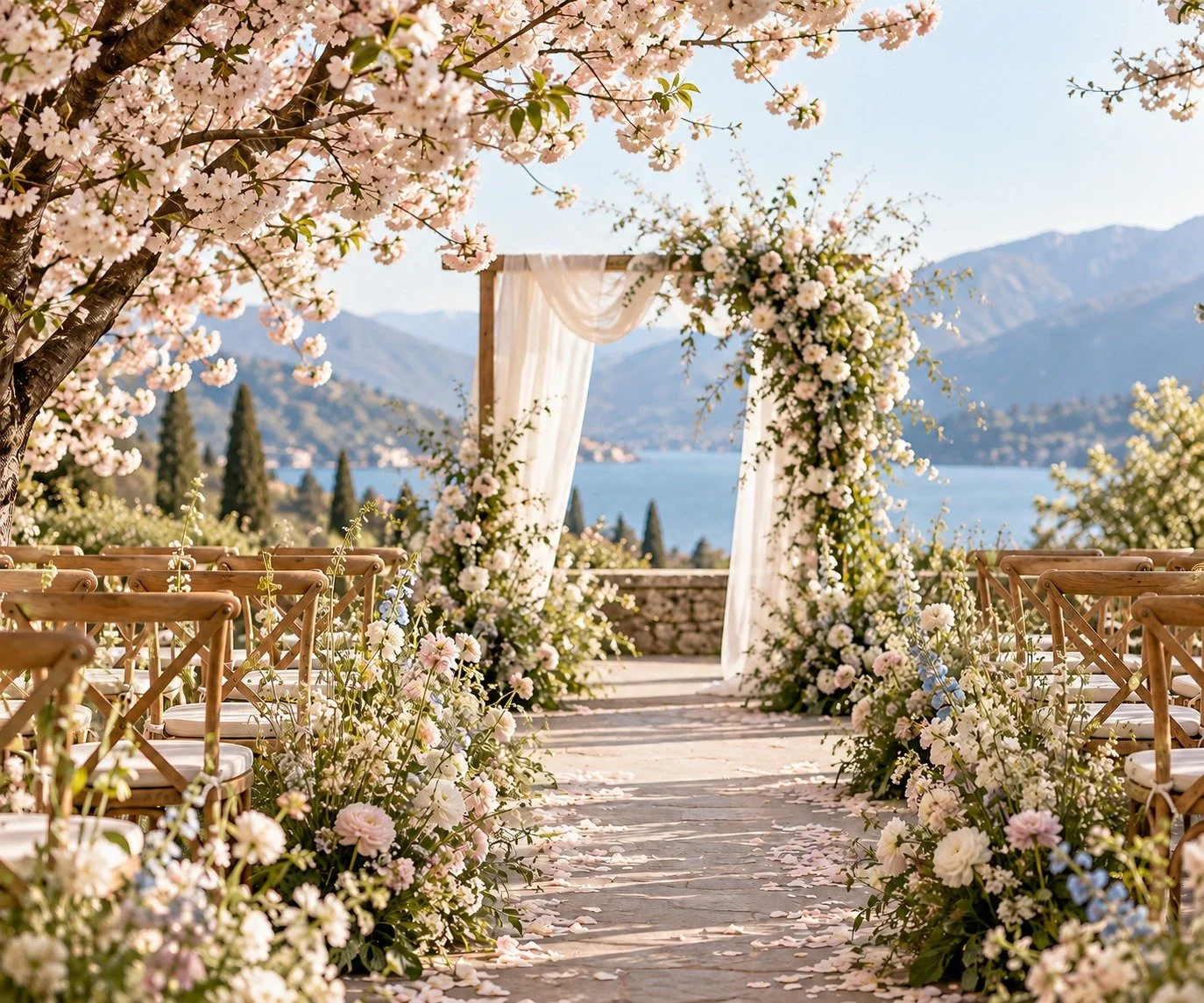 Spring wedding ceremony with cherry blossoms, blush and white wildflowers, greenery, wooden chairs and a lakefront mountain view