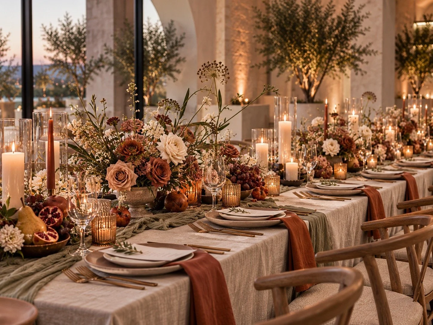 2027 wedding table and centerpiece trends with terracotta and olive linens, low sculptural florals, fruit and candlelight