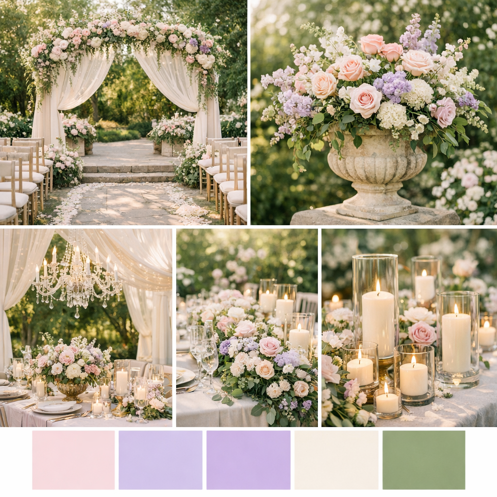 Romantic wedding decor mood board design in peach, pink, lavender and ivory with fabric and floral arch, chandelier, candles, centerpieces for ceremony and reception