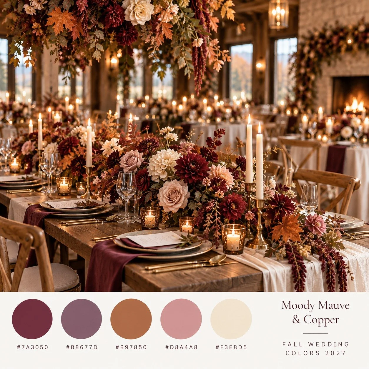 Moody mauve and copper fall wedding reception with burgundy florals, candlelight, ivory linens and warm autumn decor