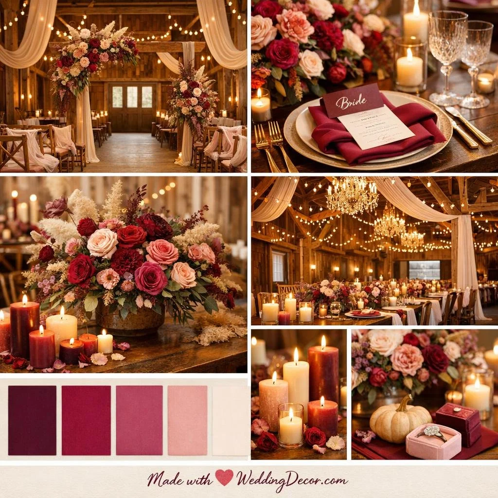 burgundy wedding decor in rustic barn with fabric draping, florals, candles, twinkle lights & chandeliers