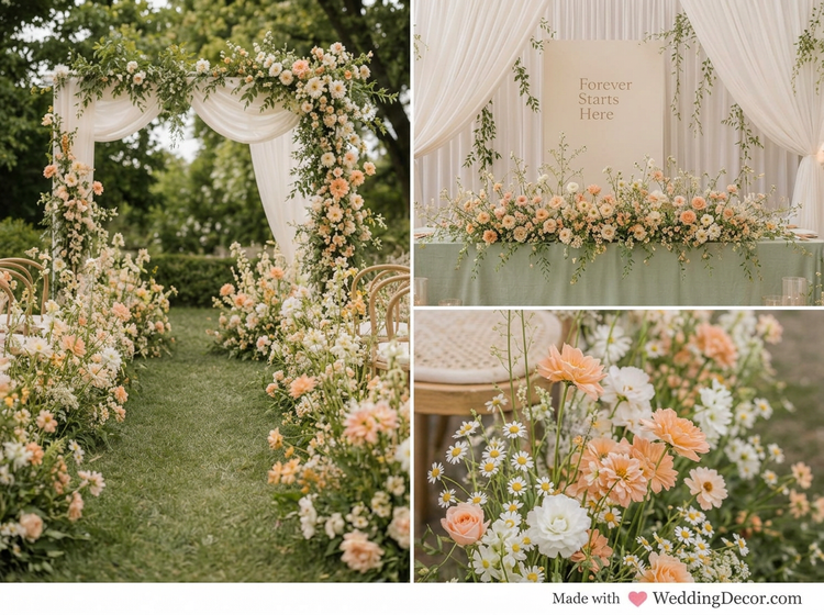 Peach, sage and cream garden wedding inspiration with flowers and draped ceremony decor
