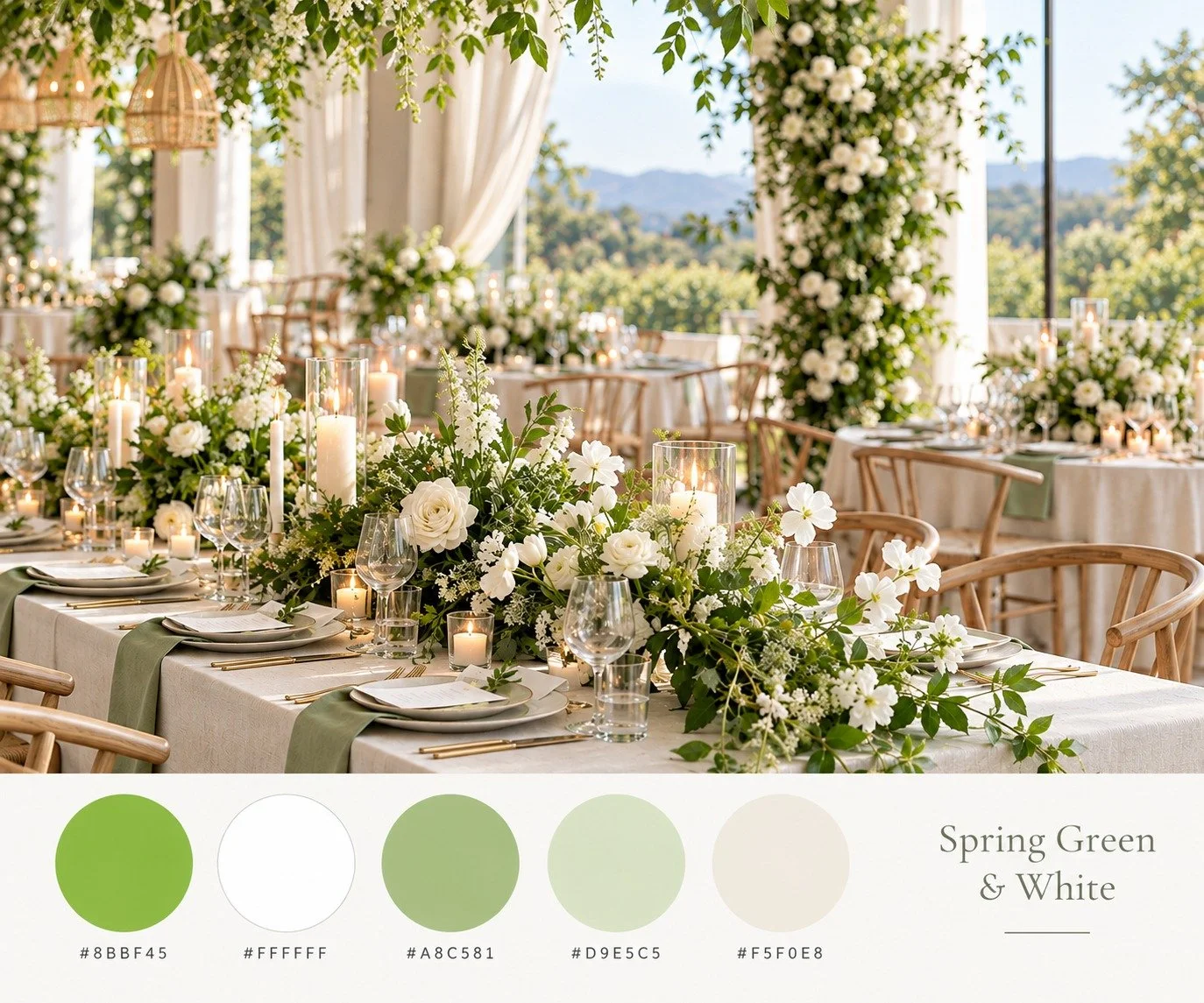 Spring green and white wedding reception with ivory linens, white flowers, greenery, light wood chairs and matching 2027 color palette swatches