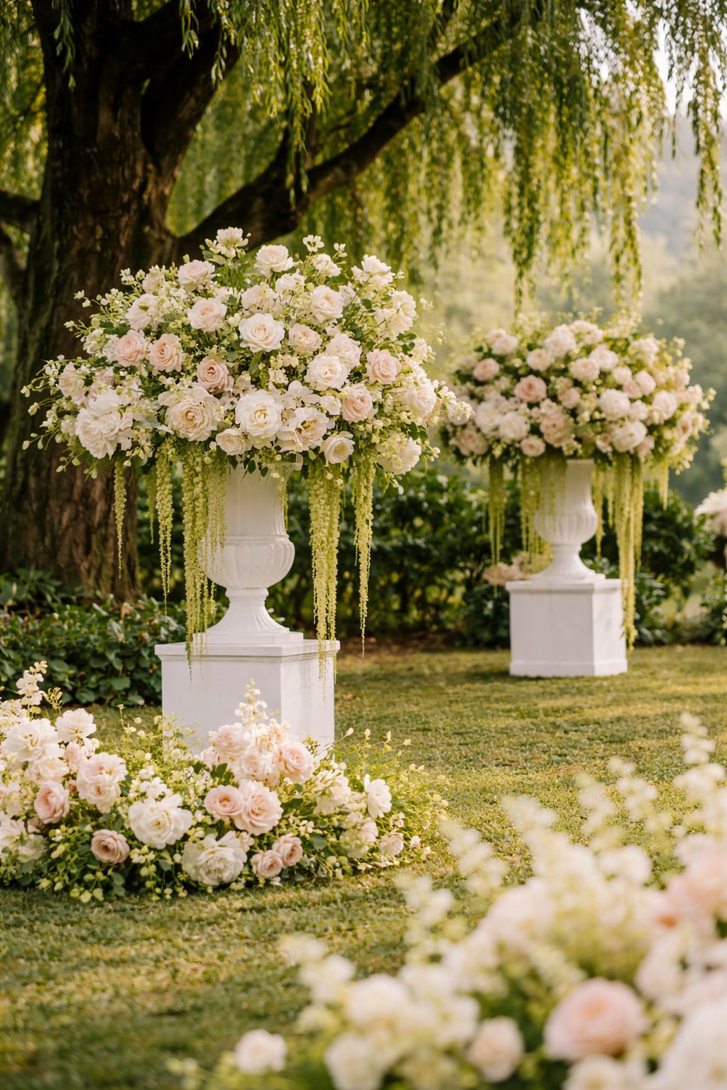 Strawberry matcha wedding ceremony arch with matcha green foliage and loose strawberry pink rose clusters