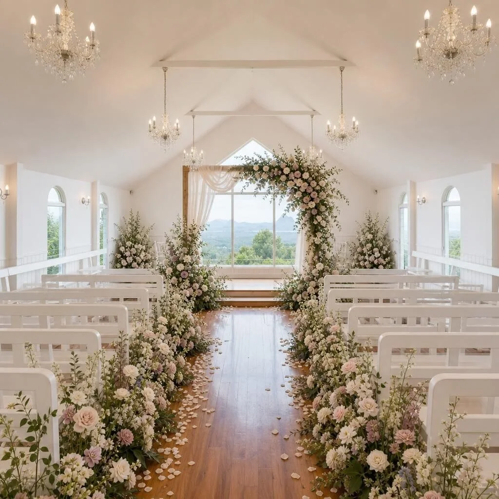 Romantic wedding ceremony decorated with blush flowers inside a bright chapel