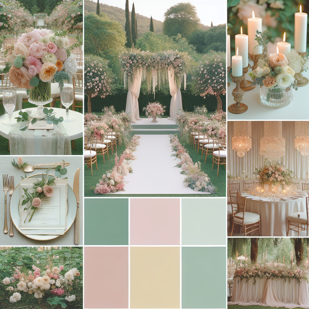 Outdoor garden theme with a color palette of shell pink, peach, champagne, sage green, eucalyptus green - so beautiful