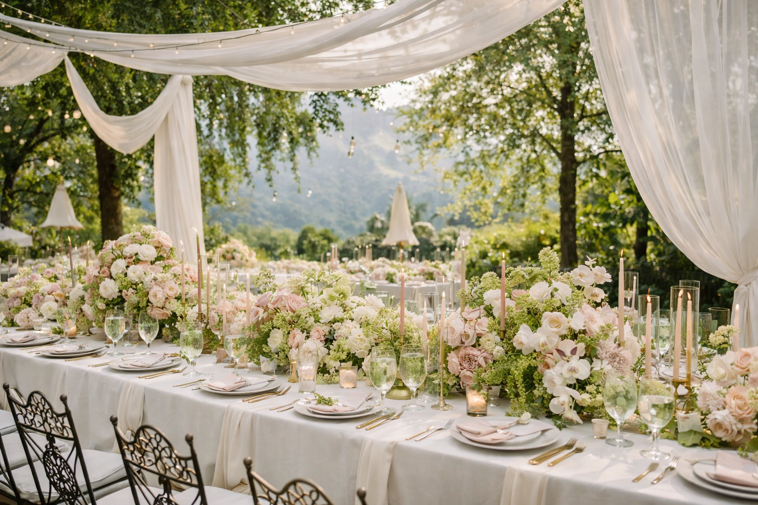 light pink and green with cream wedding decor reception set up with fabric draping