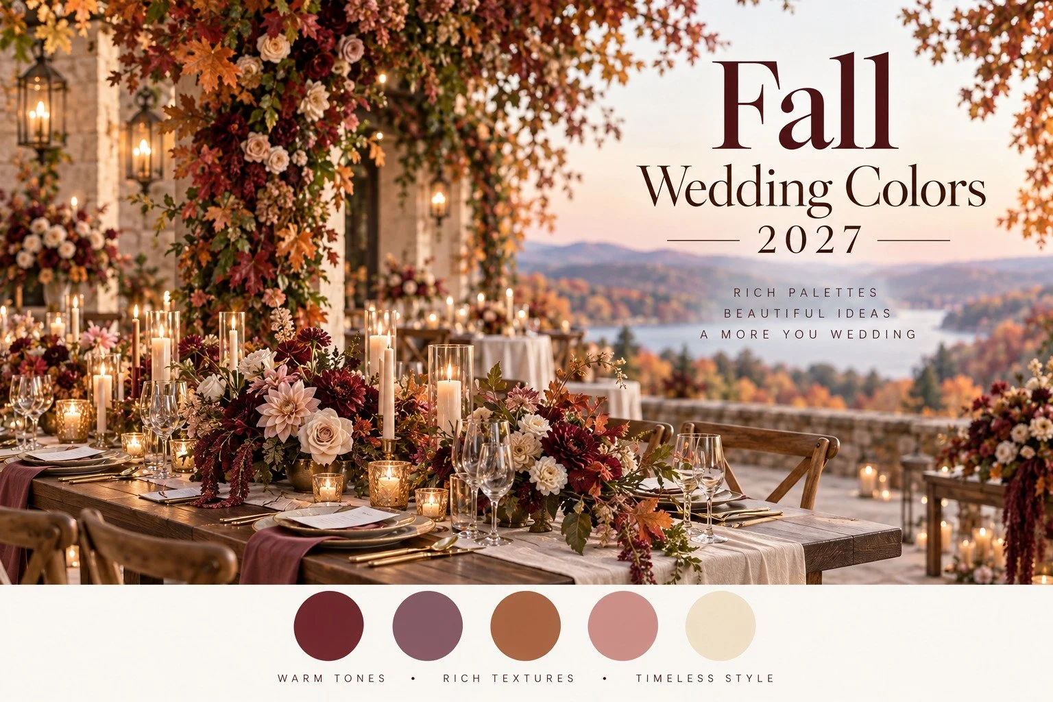 Fall wedding colors for 2027 with burgundy, mauve, blush and copper florals, candlelit reception decor and warm autumn tones