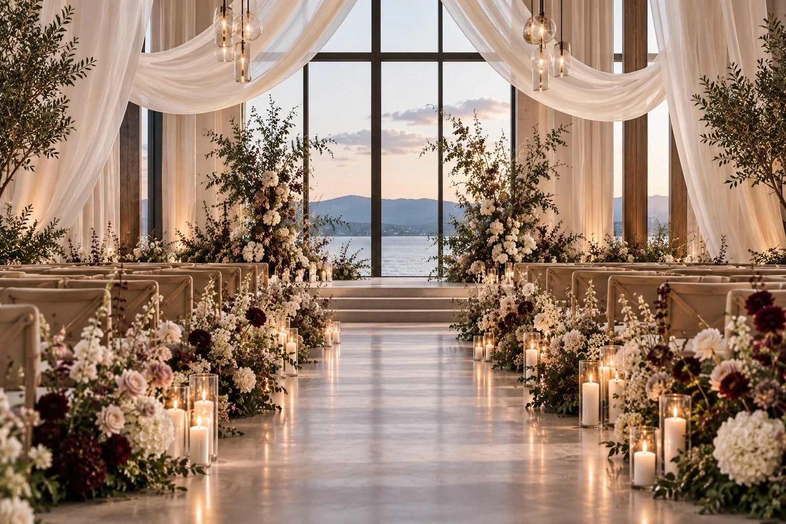 2027 wedding ceremony decor trends with draped fabric, candlelit aisle, low florals and a modern waterfront venue