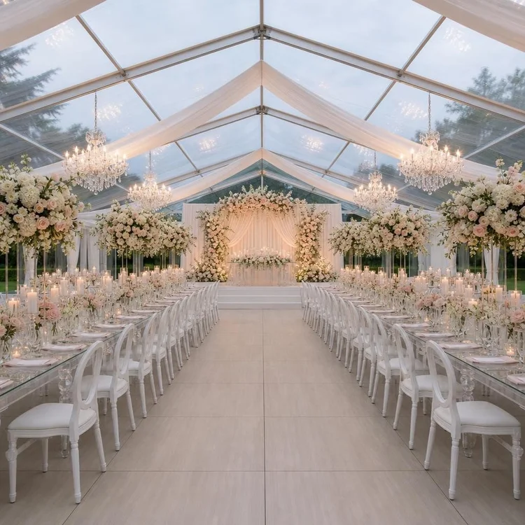 Garden tent wedding venue after decoration