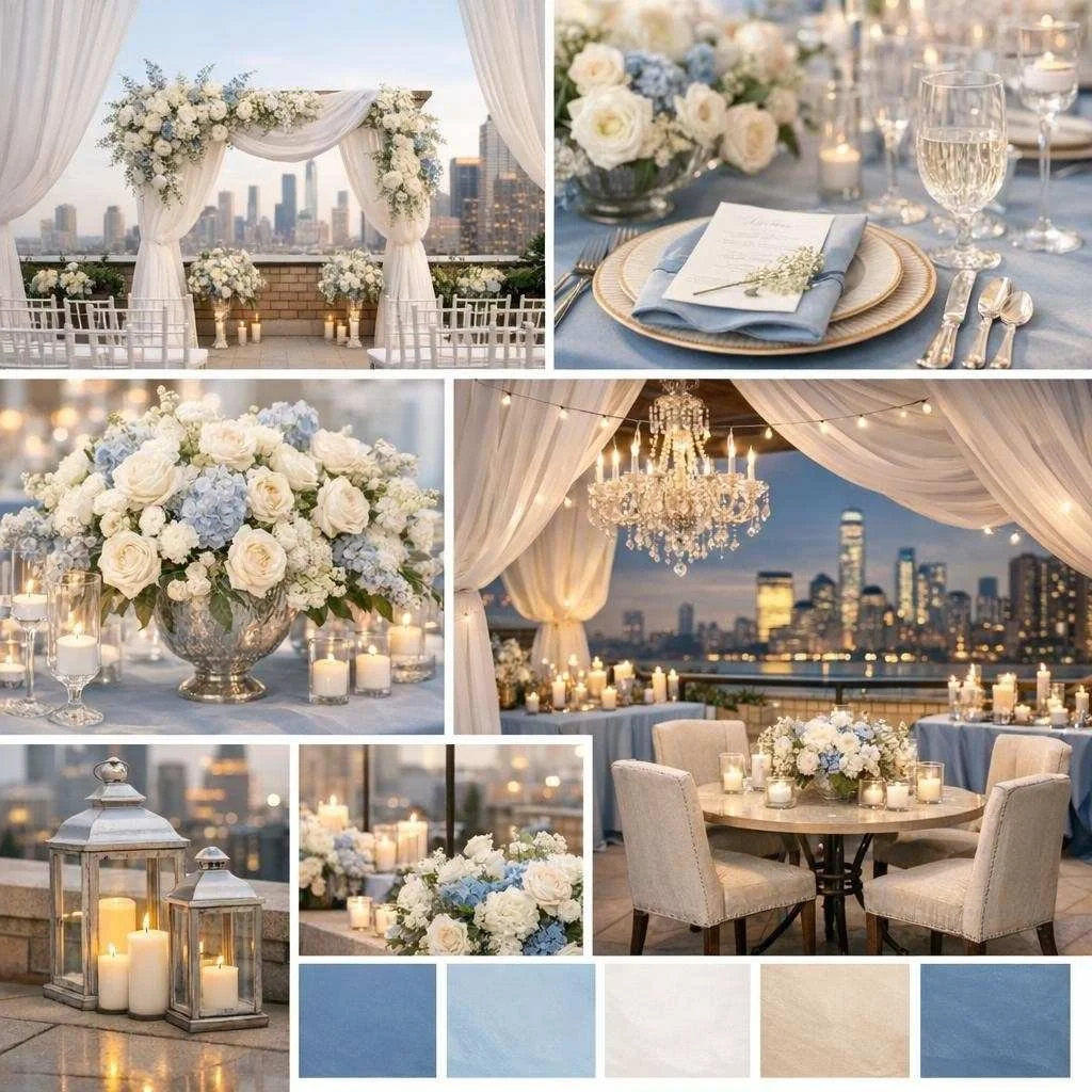 Dusty Blue Wedding Decor: Arches, Centerpieces, and Table Settings