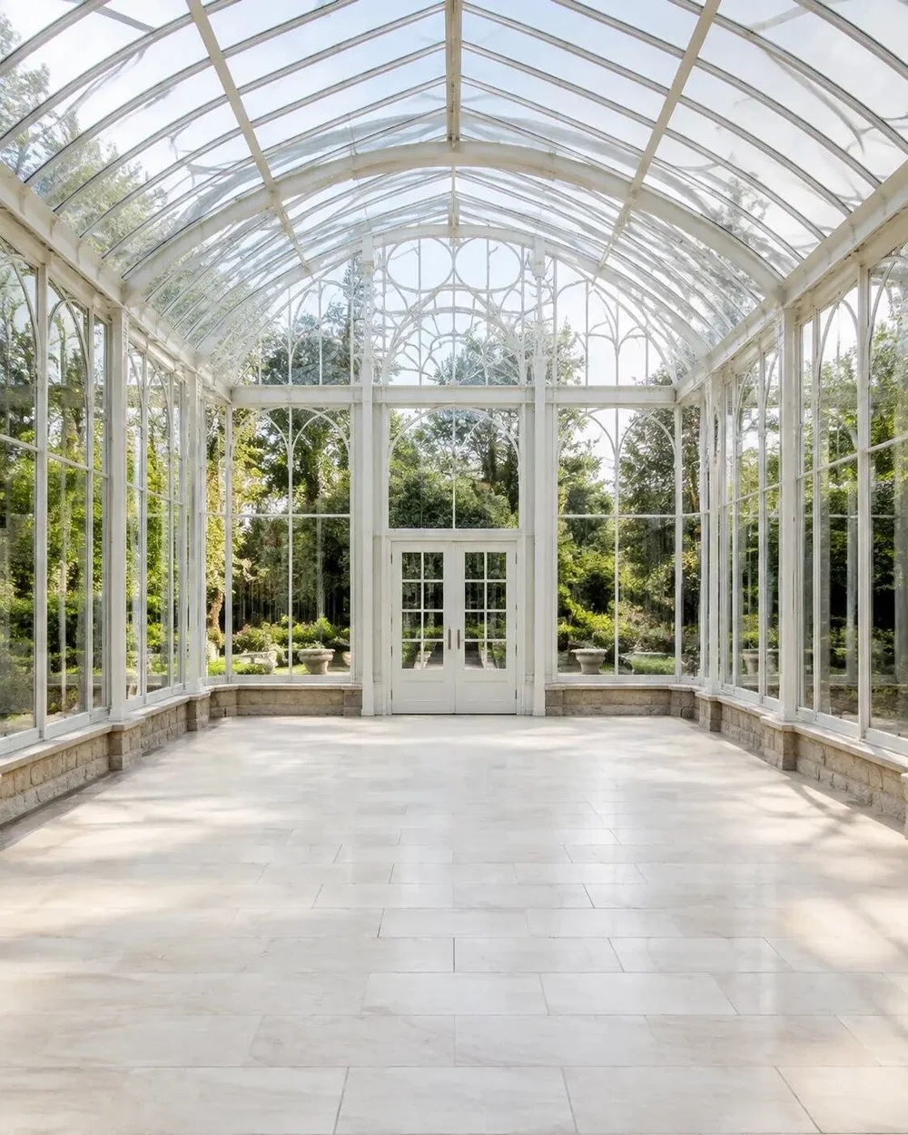 Empty white greenhouse before event decoration