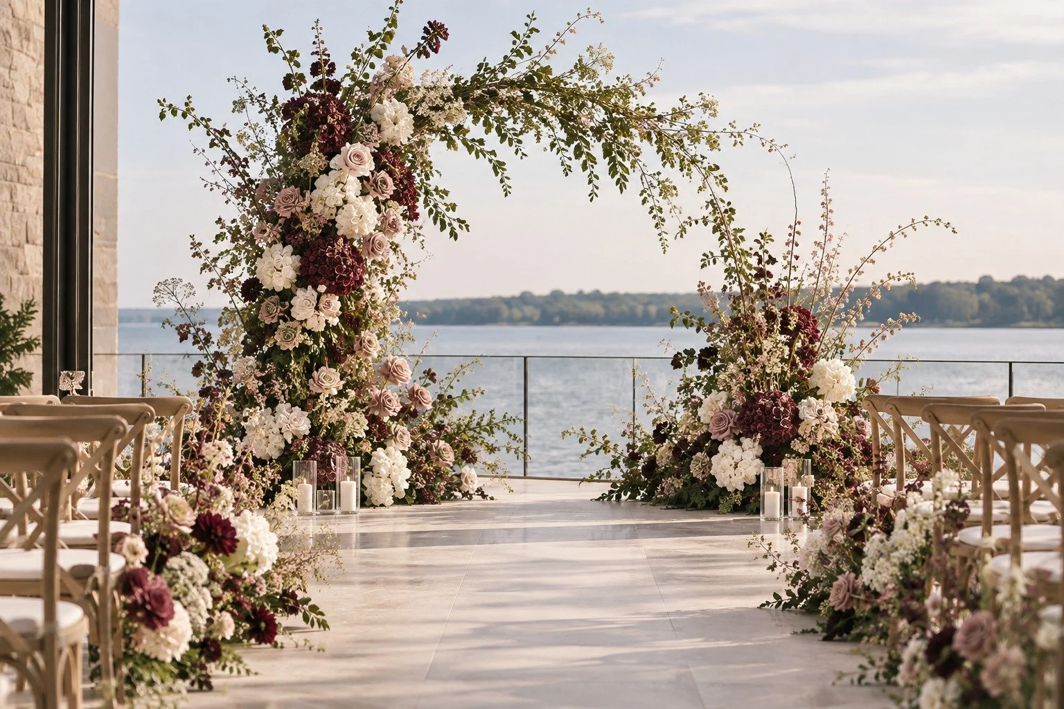 2027 wedding flower trends with asymmetrical ceremony florals in burgundy, mauve, ivory and greenery