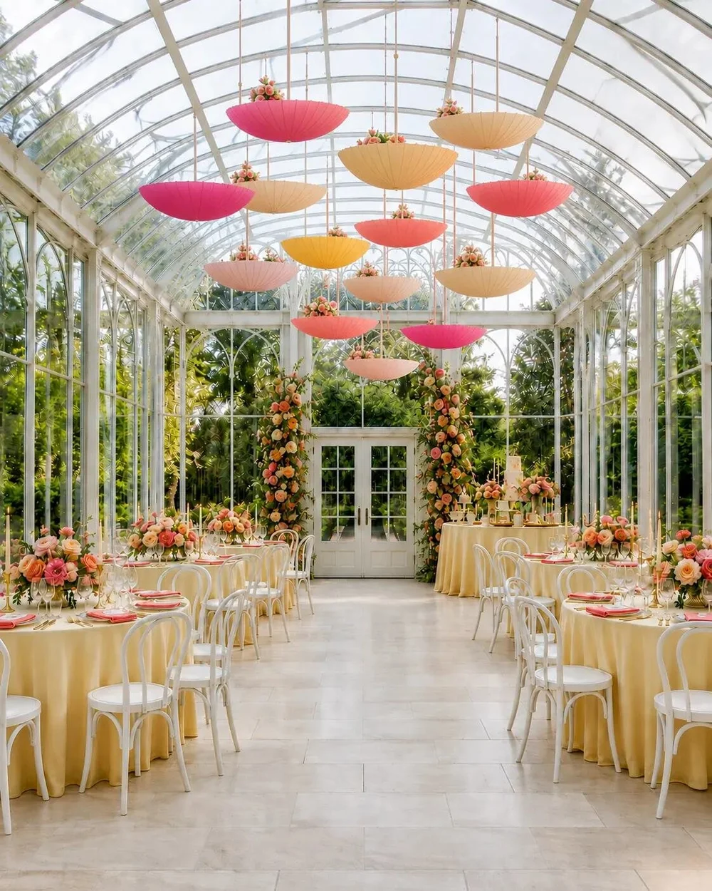 Greenhouse event design with pink and yellow hanging parasols, floral arrangements and dining tables