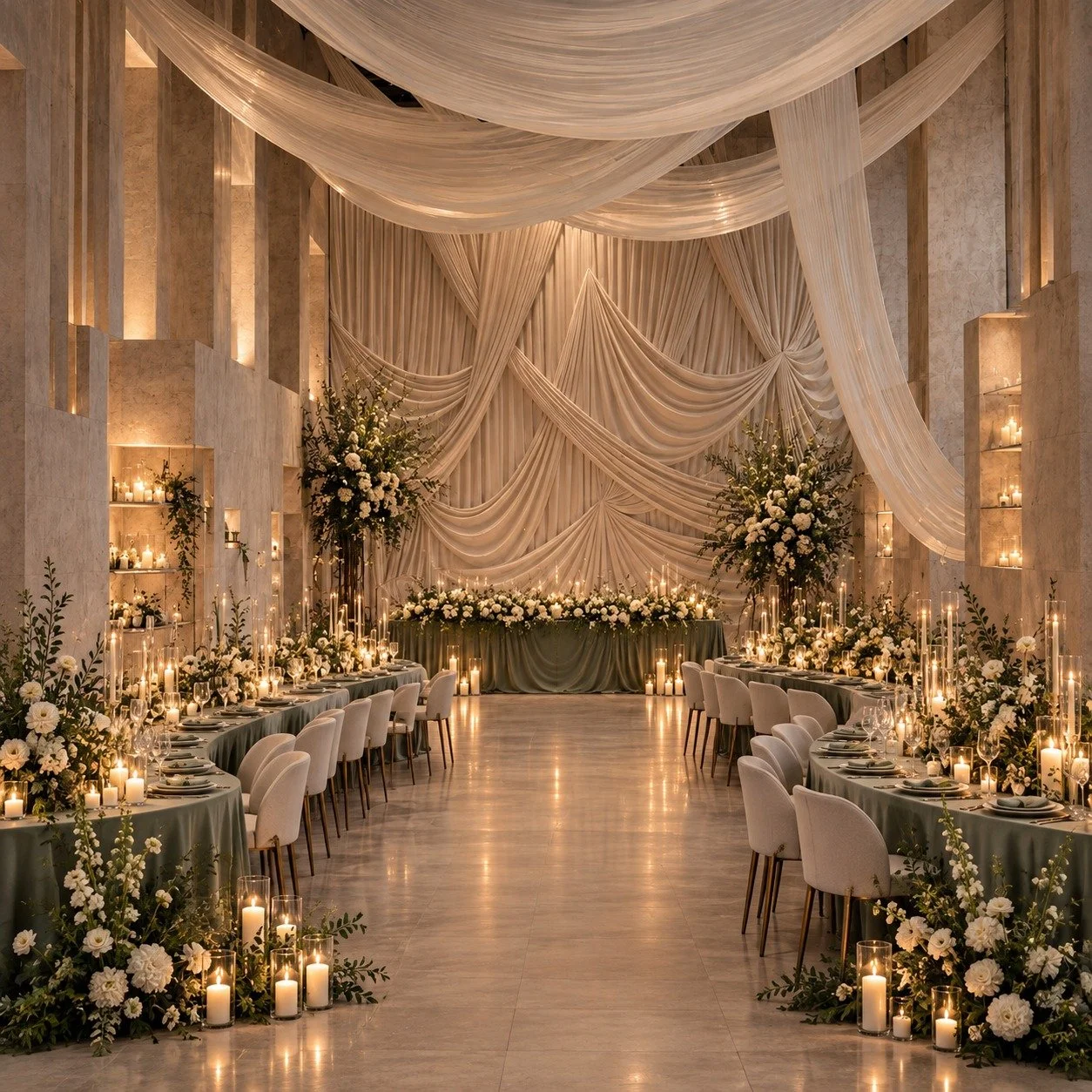 2027 wedding reception trends with sage and ivory serpentine tables, layered draping, candlelight and white floral decor