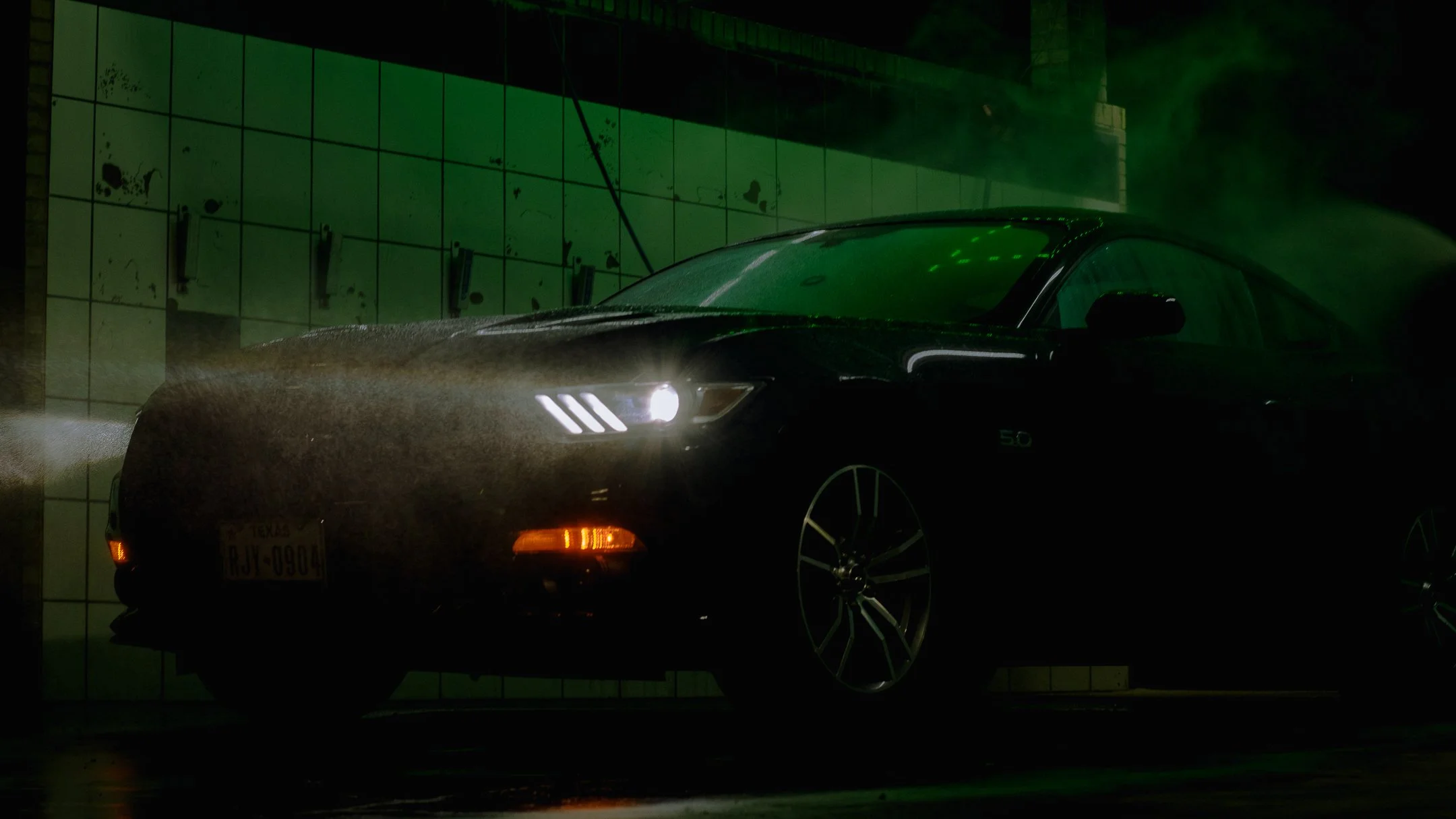 Mustang sports car photograph at night in Dallas Texas