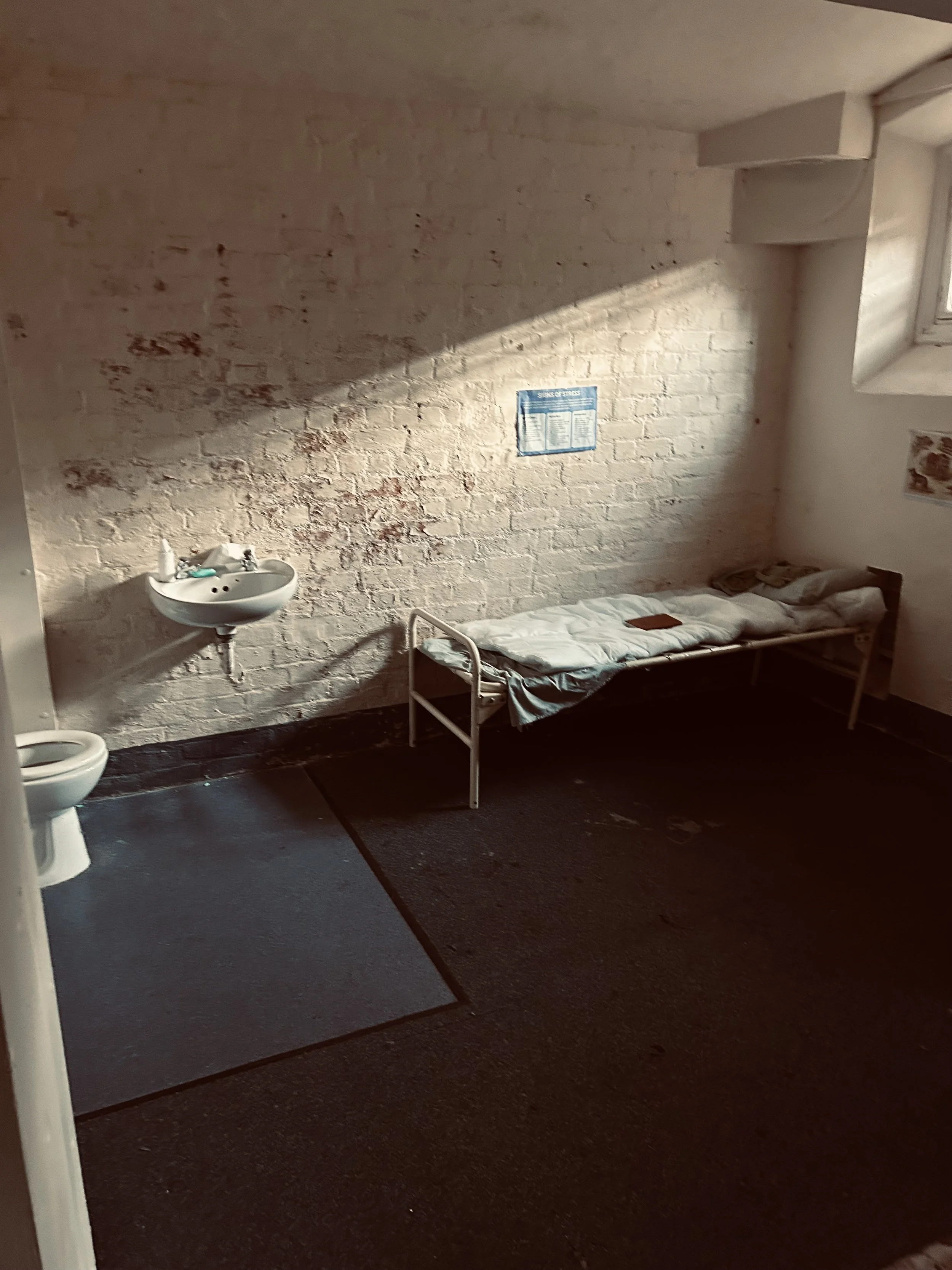 A sparse room with a white brick wall, a small sink on the wall with toiletries, a toilet in the corner, a single bed with white sheets and a brown book, and a small window. Sunlight streams through the window, casting shadows on the wall.