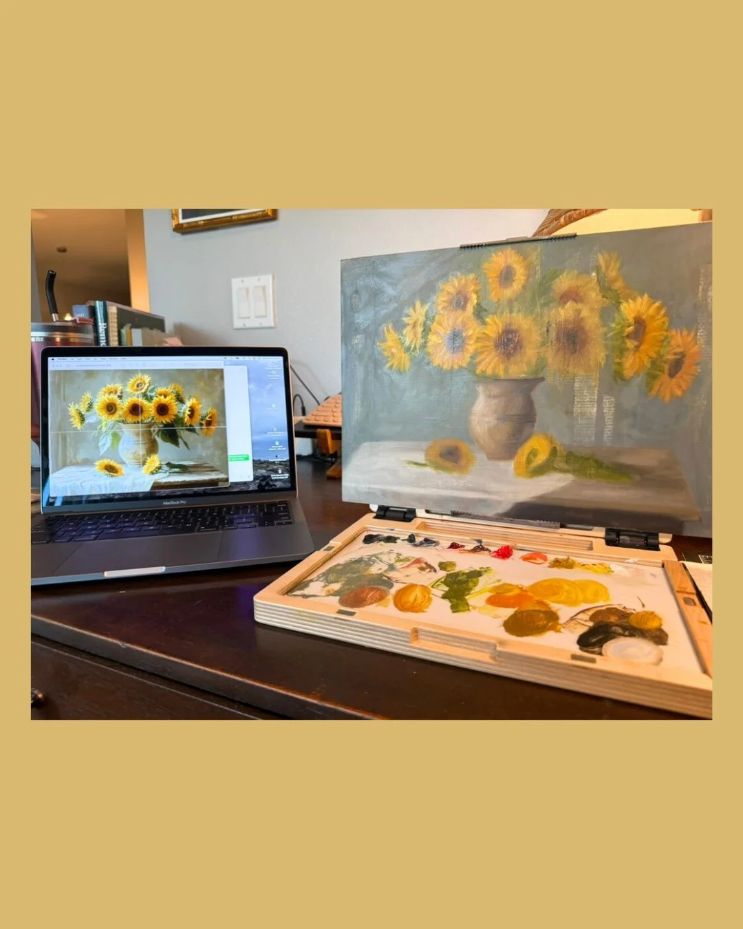 Work in progress: sunflowers on a 10x14 panel 🧑&zwj;🎨 

They look deceptively simple &mdash; round, right? But each flower has its own shape and character, challenging me to paint what I actually see, not what I think I know about sunflowers. That&