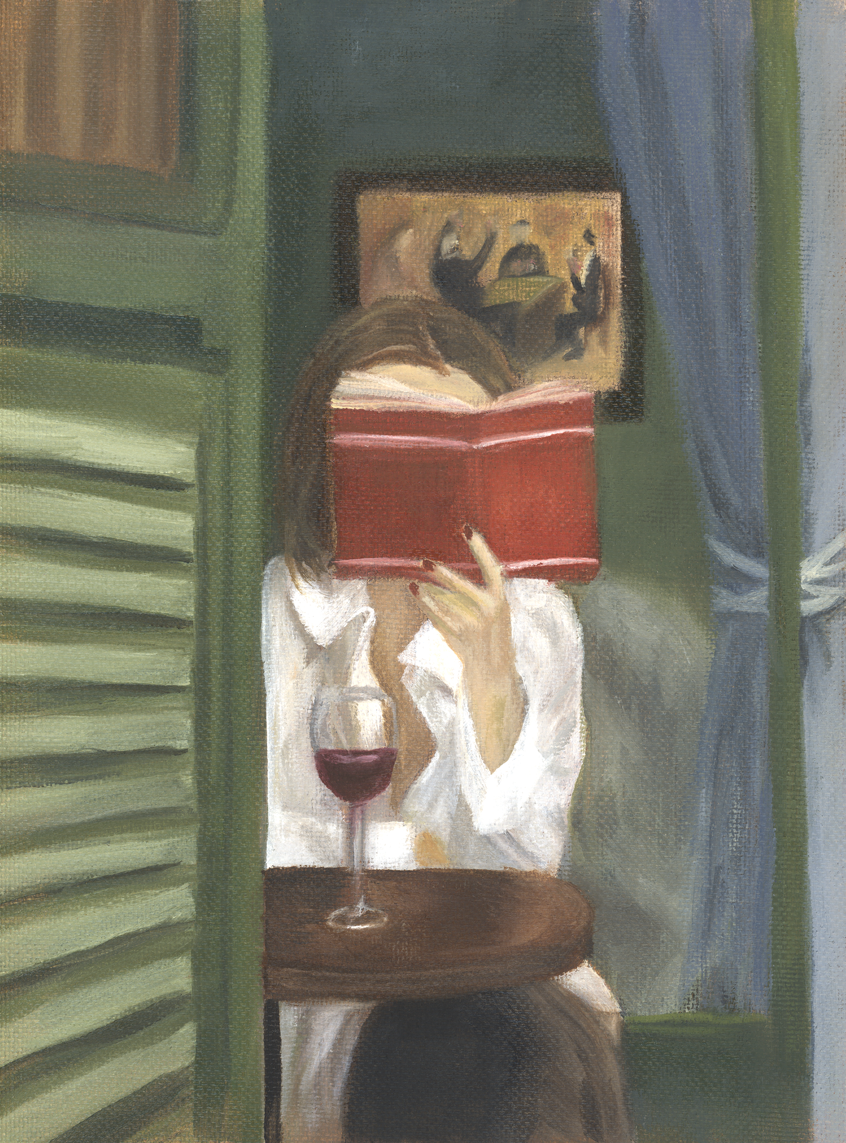 The Perfect Afternoon -- An oil painting of a woman reading at a cafe with a glass of red wine in front of her on the table.
