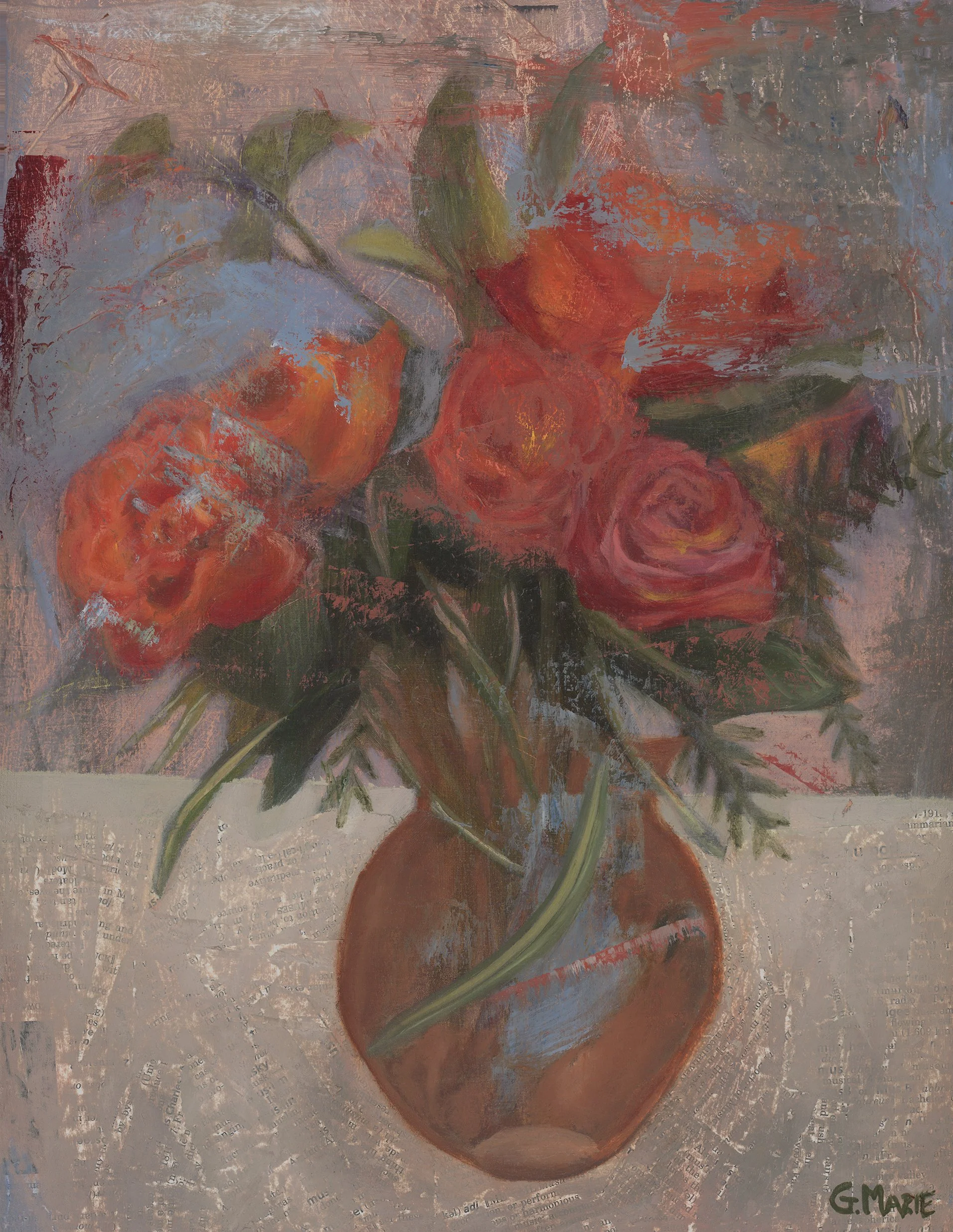 Roses for Malia — mixed‑media rose study: oil over dictionary‑page collage, scraped and refined. Archival giclée prints in 8×10 and 16×20; ships from Lahaina, Maui.
