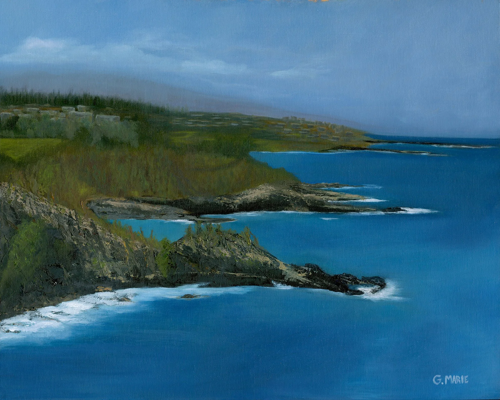 Four Bays — coastal oil painting looking south from Kapalua across Honolua, Mokuleia (Slaughterhouse), Honokahua (Fleming), and Oneloa (Ironwoods). Limited 16×20 archival giclée prints.