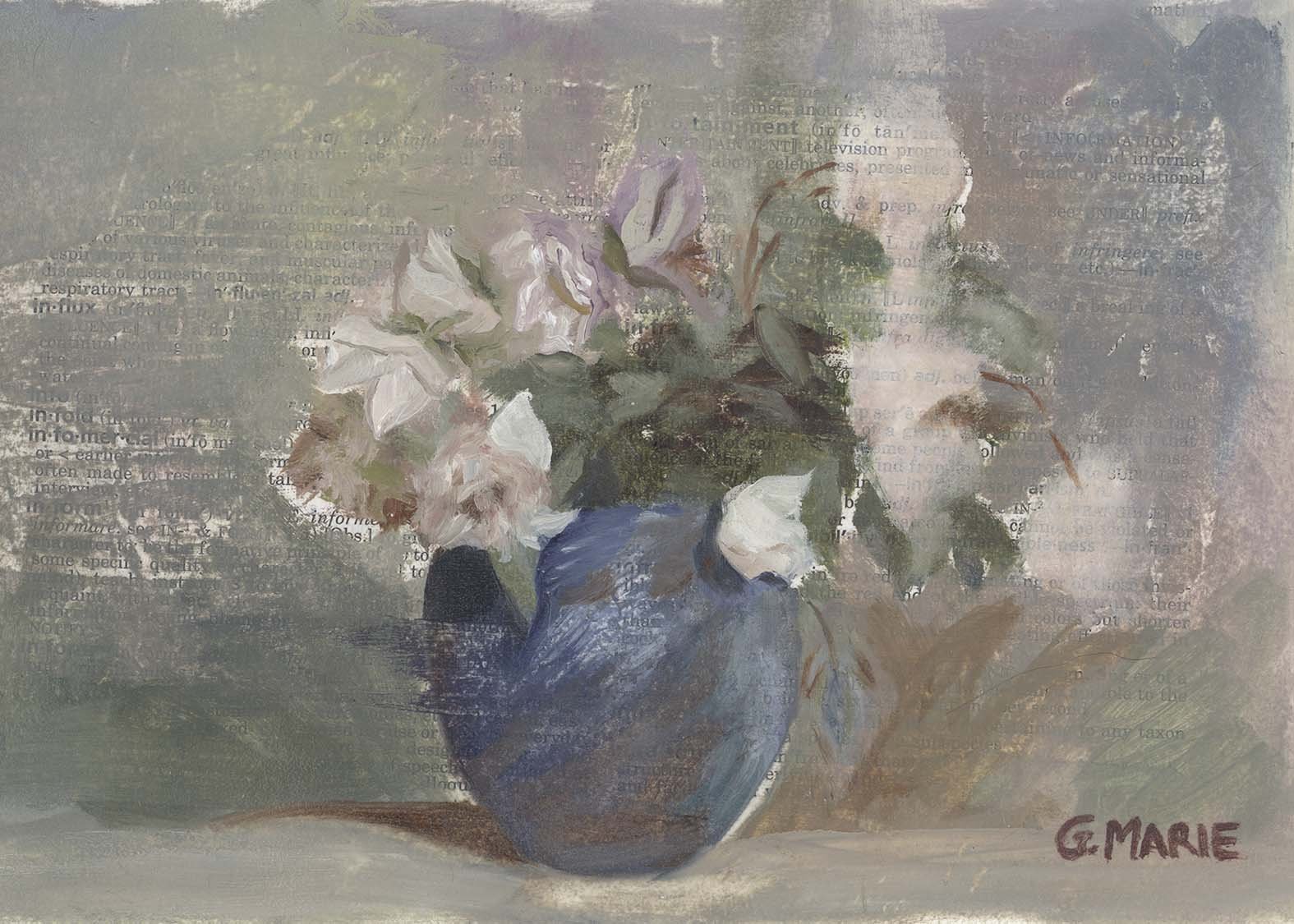 Thayer’s Roses 2025 — oil painting with dictionary‑page collage, scraped and glazed color, and painterly edges. Archival giclée prints available; ships from Lahaina, Maui.