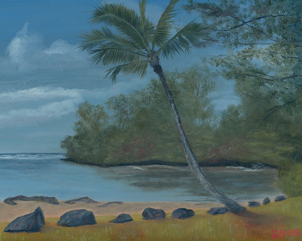 Hanalei River Mouth — coastal scene with a wind‑curved palm at the river’s edge below Mount Waiʻaleʻale. Archival giclée print (9×12); ships from Lahaina, Maui.