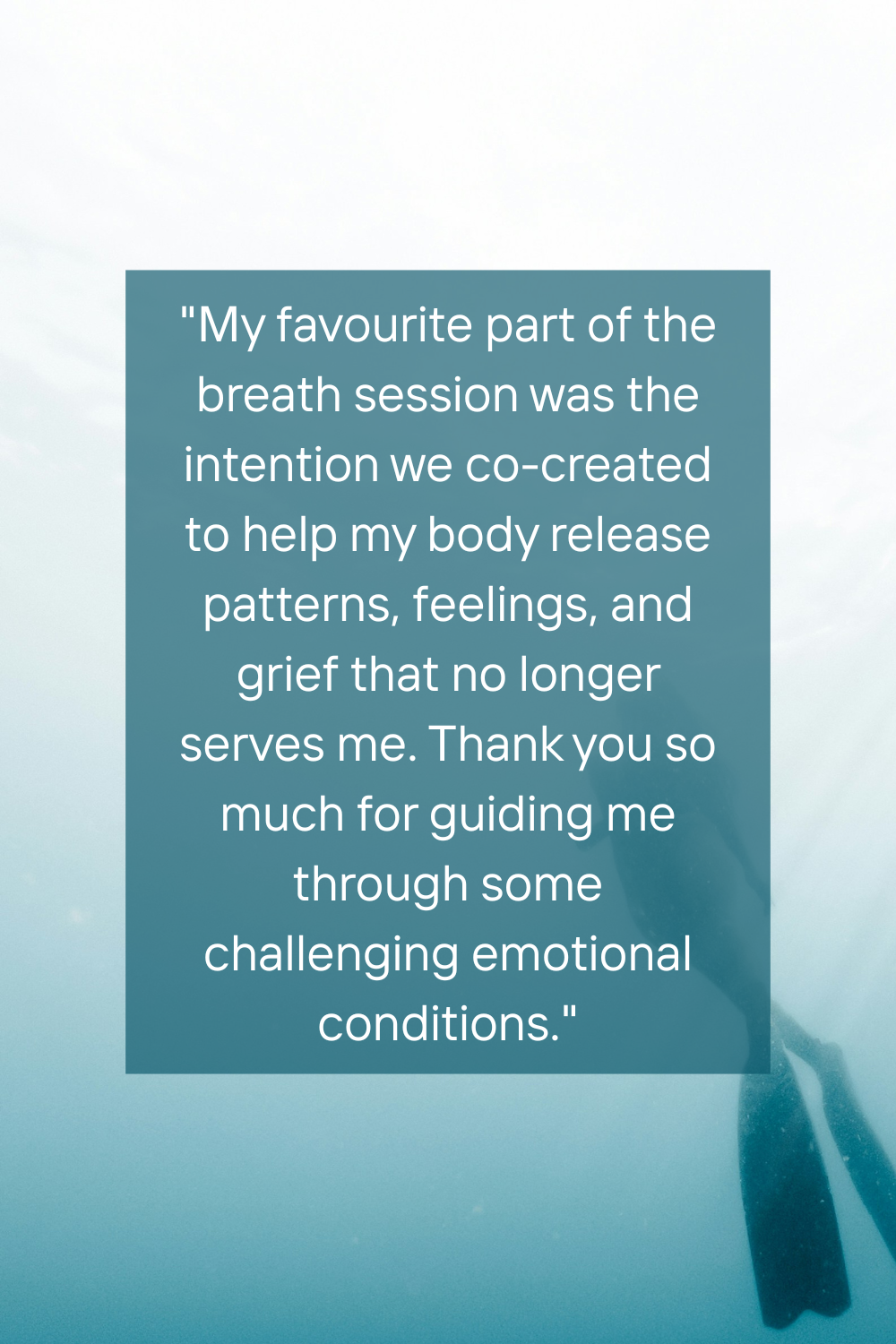 A quote about breath session and emotional healing, displayed on a light blue background with a cloudy sky and mountain reflection.
