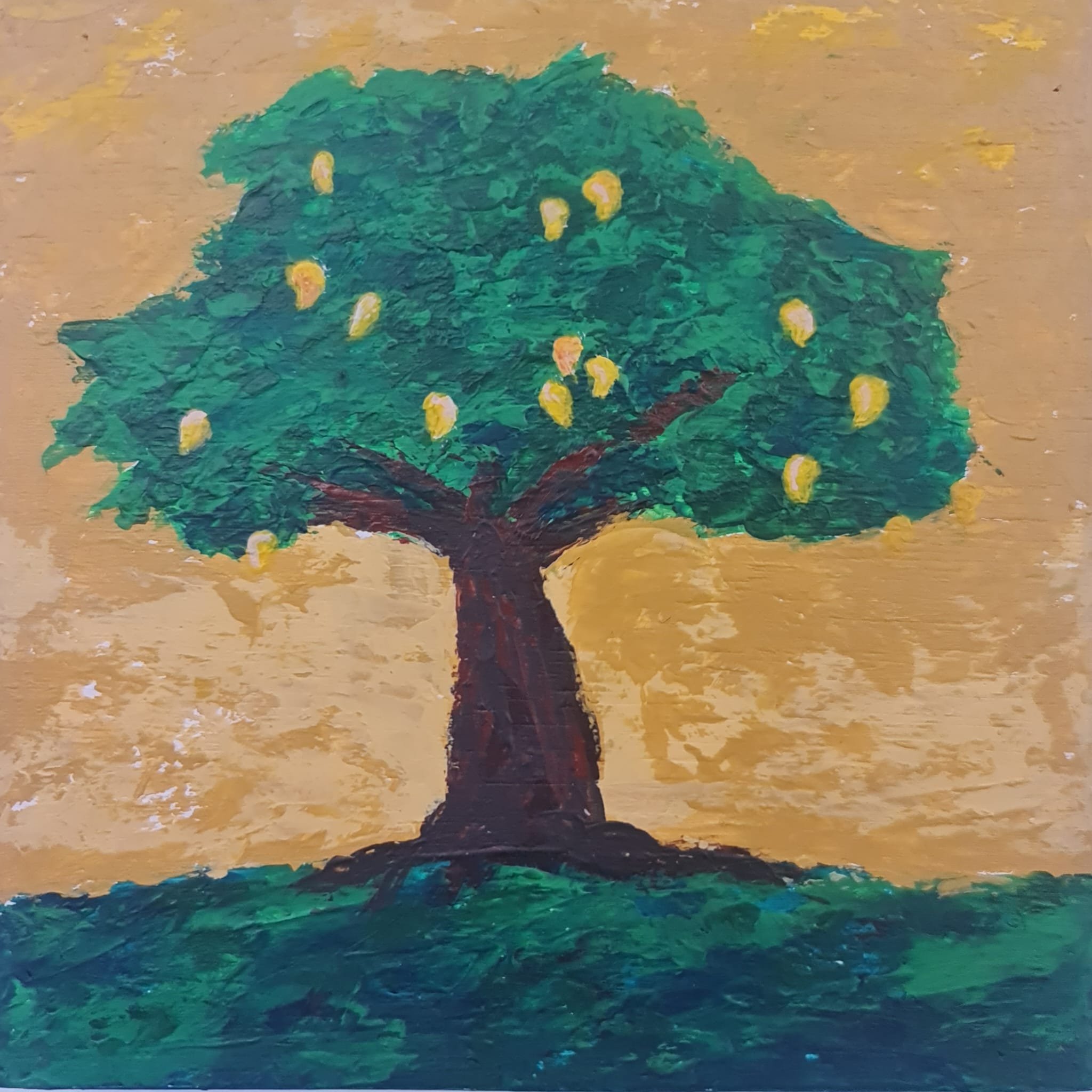 Painting of a large tree with a brown trunk, green foliage, and yellow fruit or flowers, set against a golden-yellow sky and green ground.