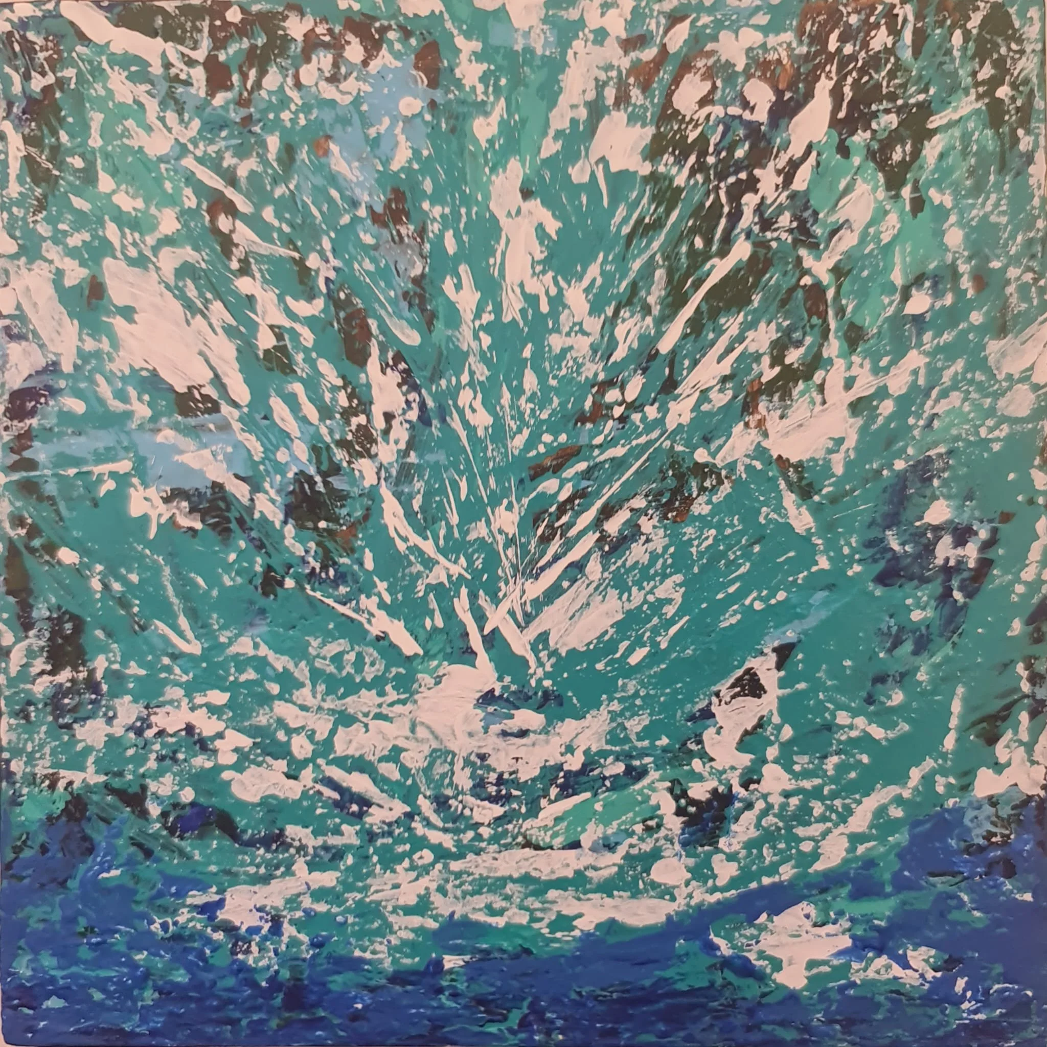 Abstract expressionist painting with blue, teal, white, and dark accents, resembling an ocean or splash of water.