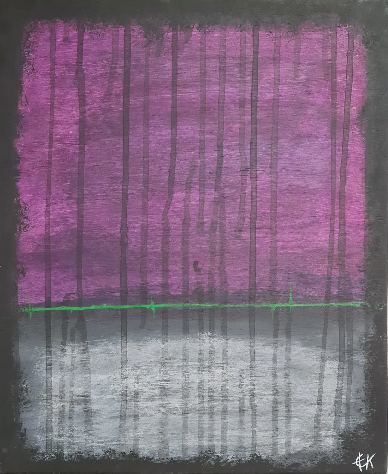 Abstract painting with top half in purple with vertical black lines, bottom half in gray with vertical black lines, and a green horizontal line across the middle.