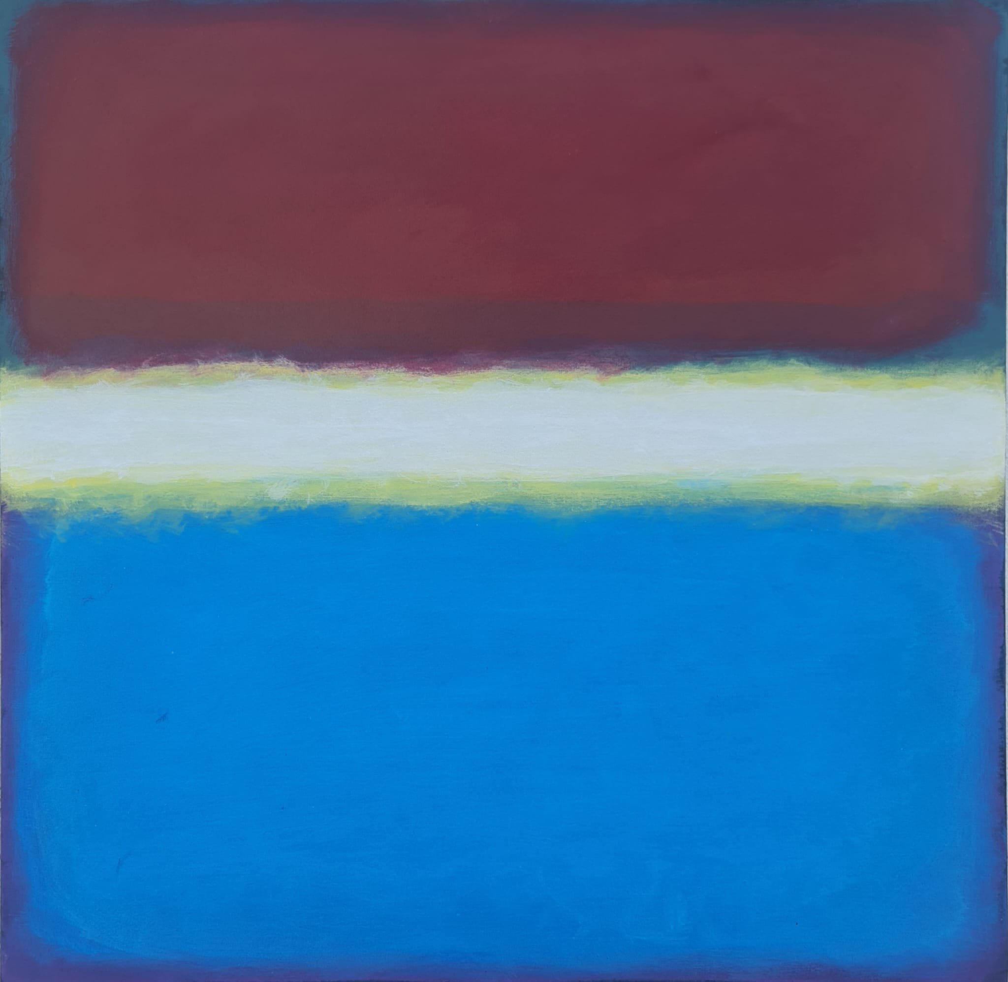 Abstract painting with horizontal blocks of color: maroon at the top, a white and yellowish band in the middle, and a blue bottom.