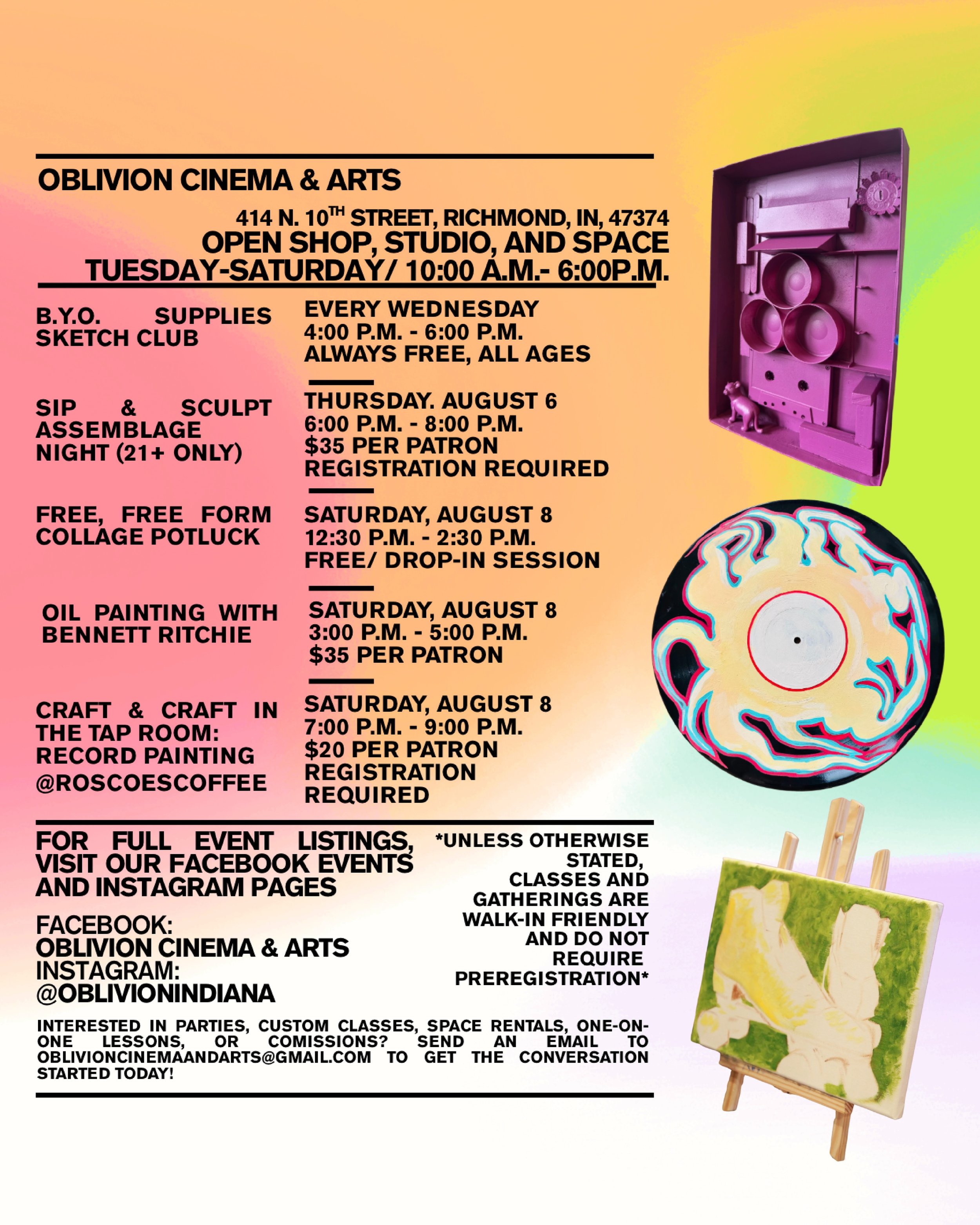 We&rsquo;re gearing up for the inaugural week of August at Oblivion Cinema &amp; Arts! Join us this week from 10:00 A.M. - 6:00 P.M. Tuesday through Saturday to explore our shop, studio, and space! Save this post or check out our monthly calendar (pi