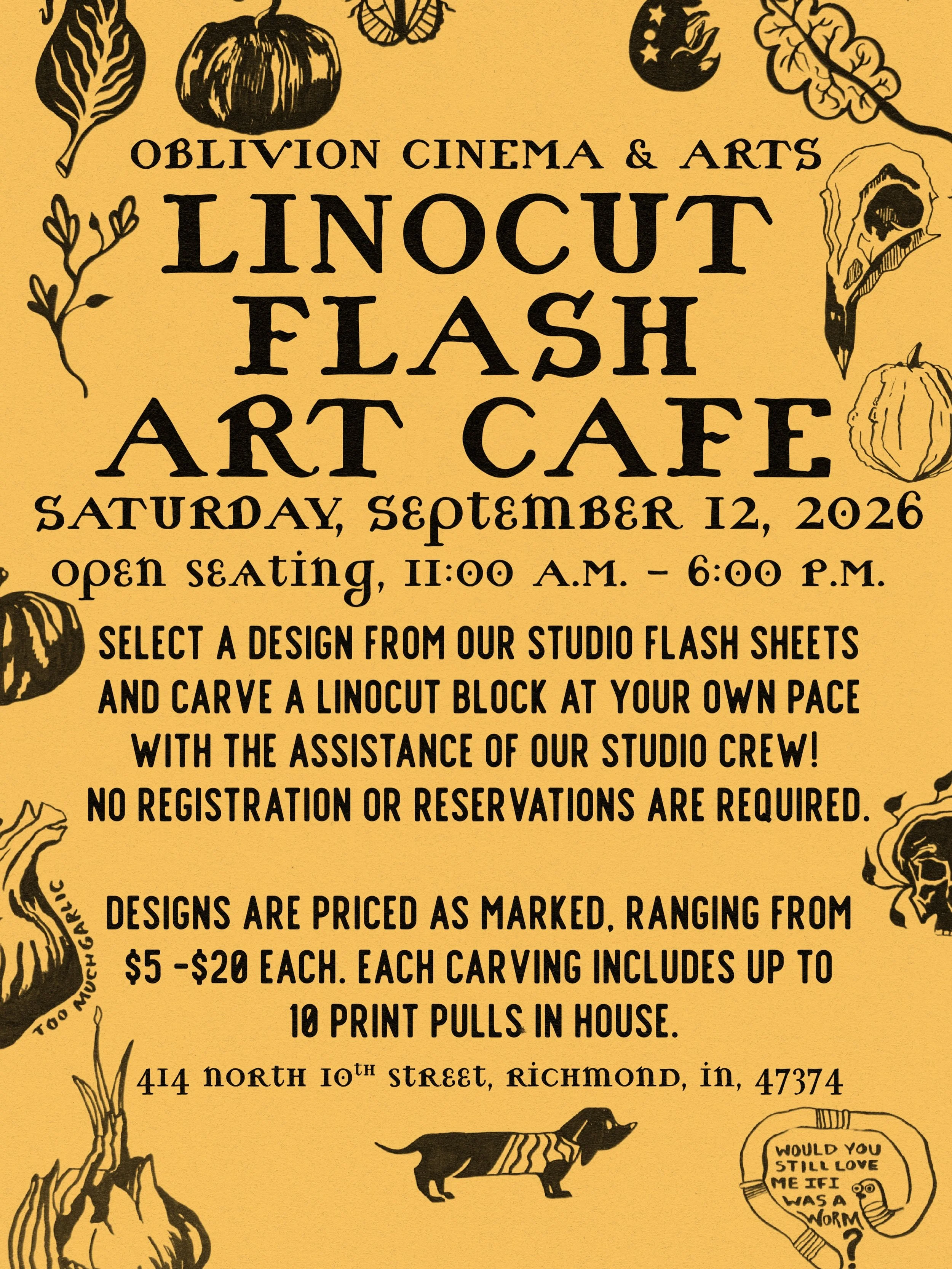Flash is back! Join us on Saturday,  September 12, 2026 from 11:00 A.M. - 6:00 P.M. for a drop-in friendly day of printmaking! Select a design from our studio-made flash sheets and carve a linocut block at your own pace with the assistance of our stu