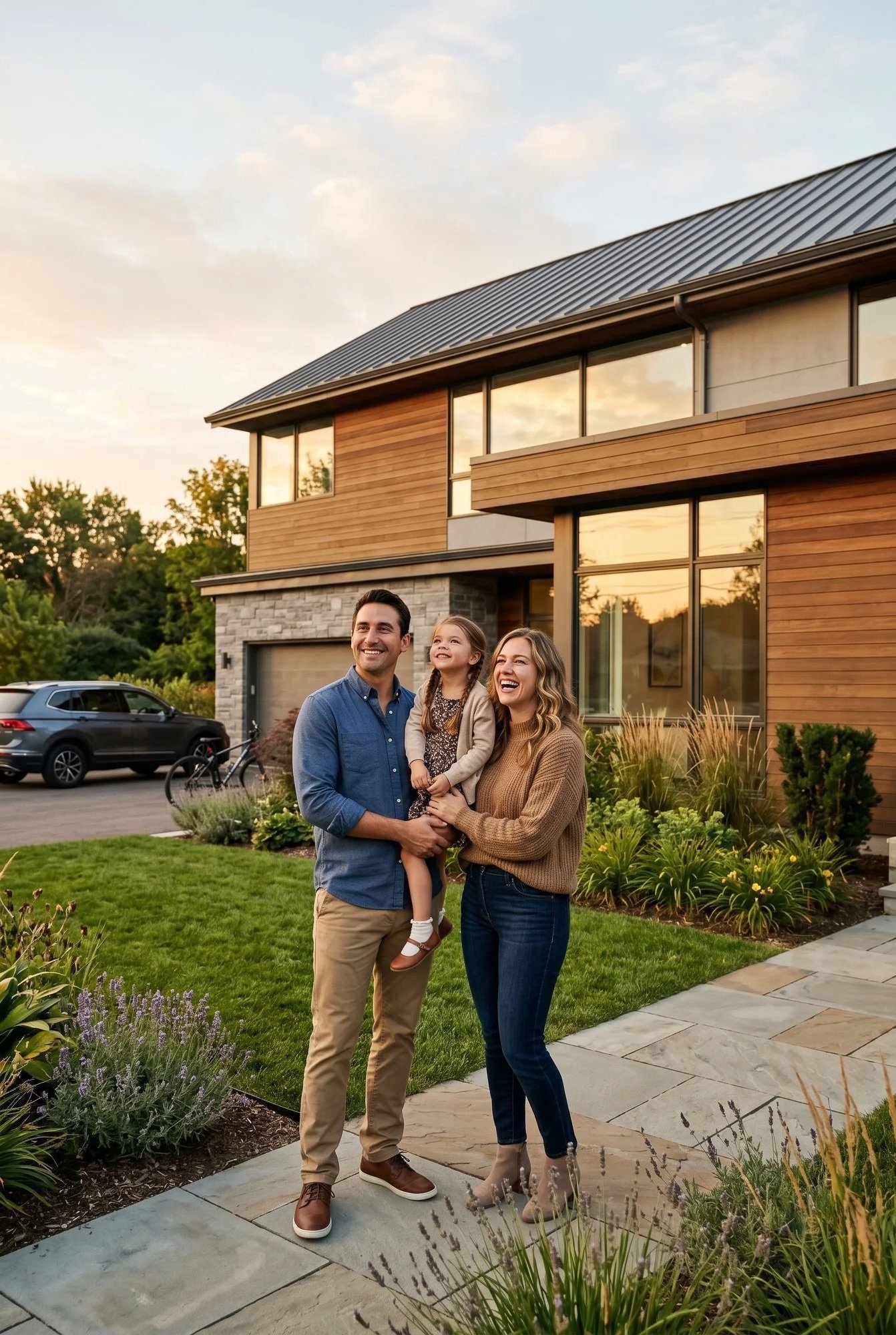 A happy family of three, a father, mother, and daughter, standing outside their modern home during sunset, smiling and embracing each other.