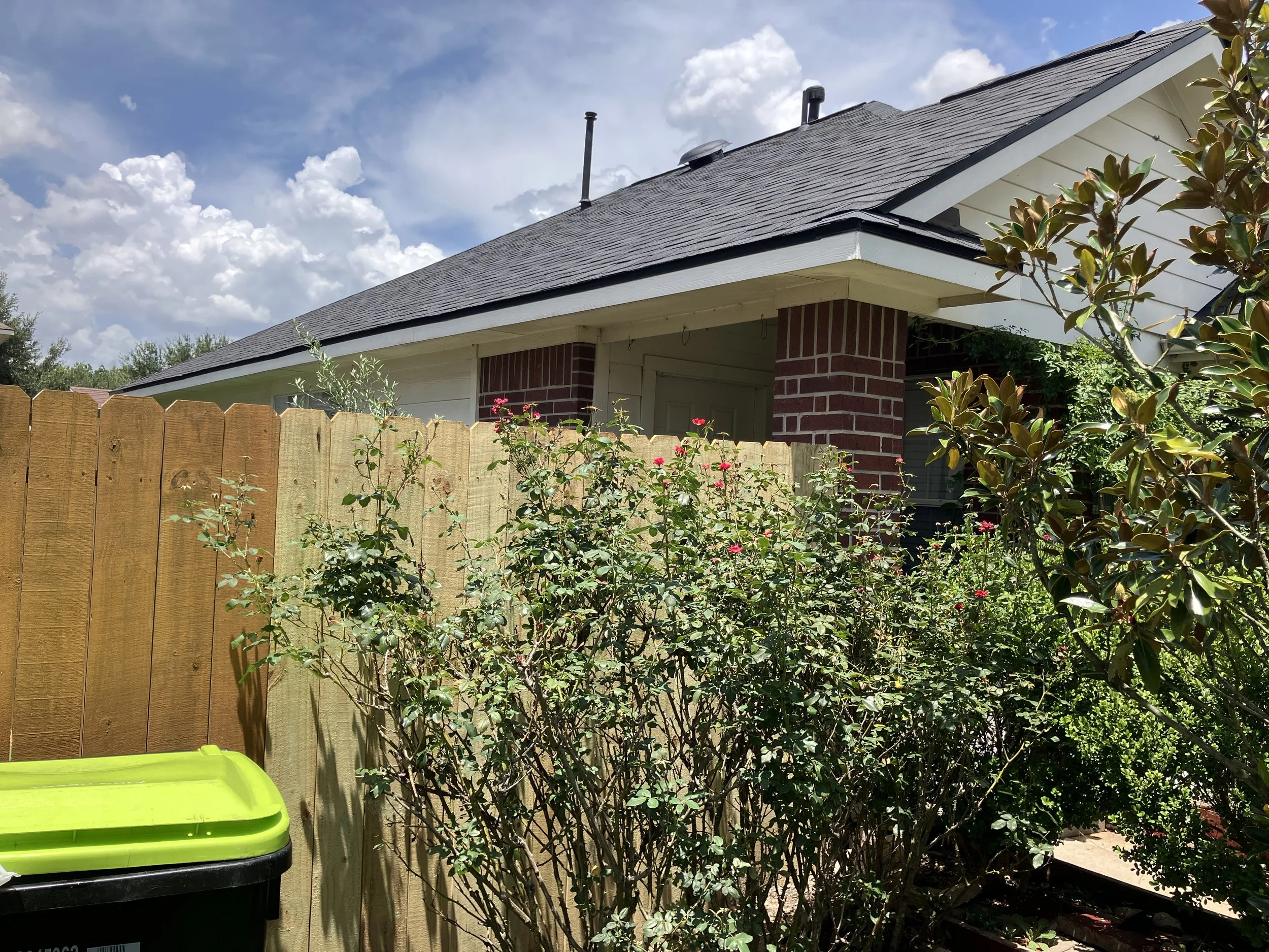 View of the side of a house with a sloped roof, a brick wall, and some plants and bushes in a backyard. Partially visible yellow and black trash bin in the yard.