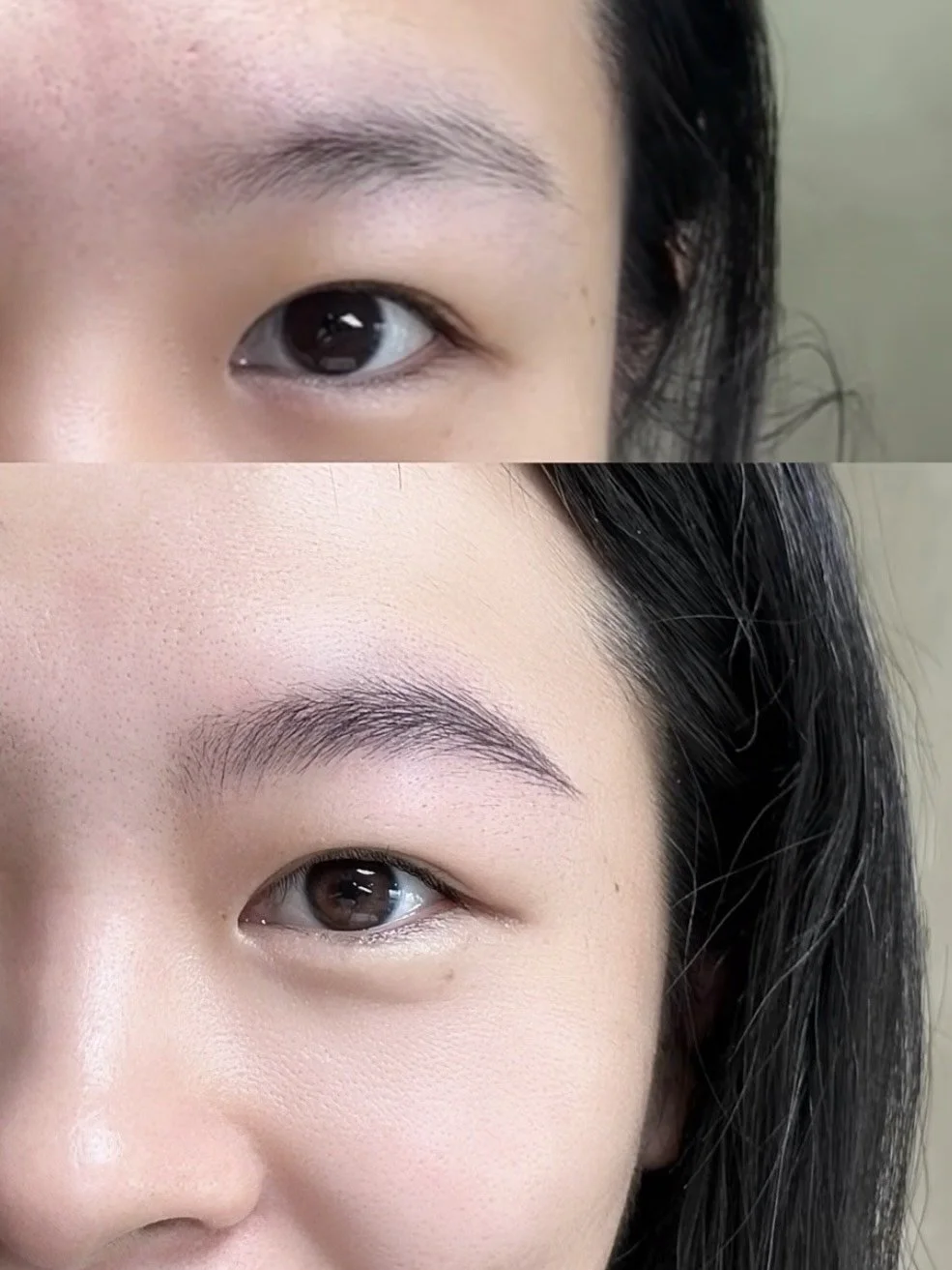 "Before and after nano brows – precision hairstroke technique for defined brows."