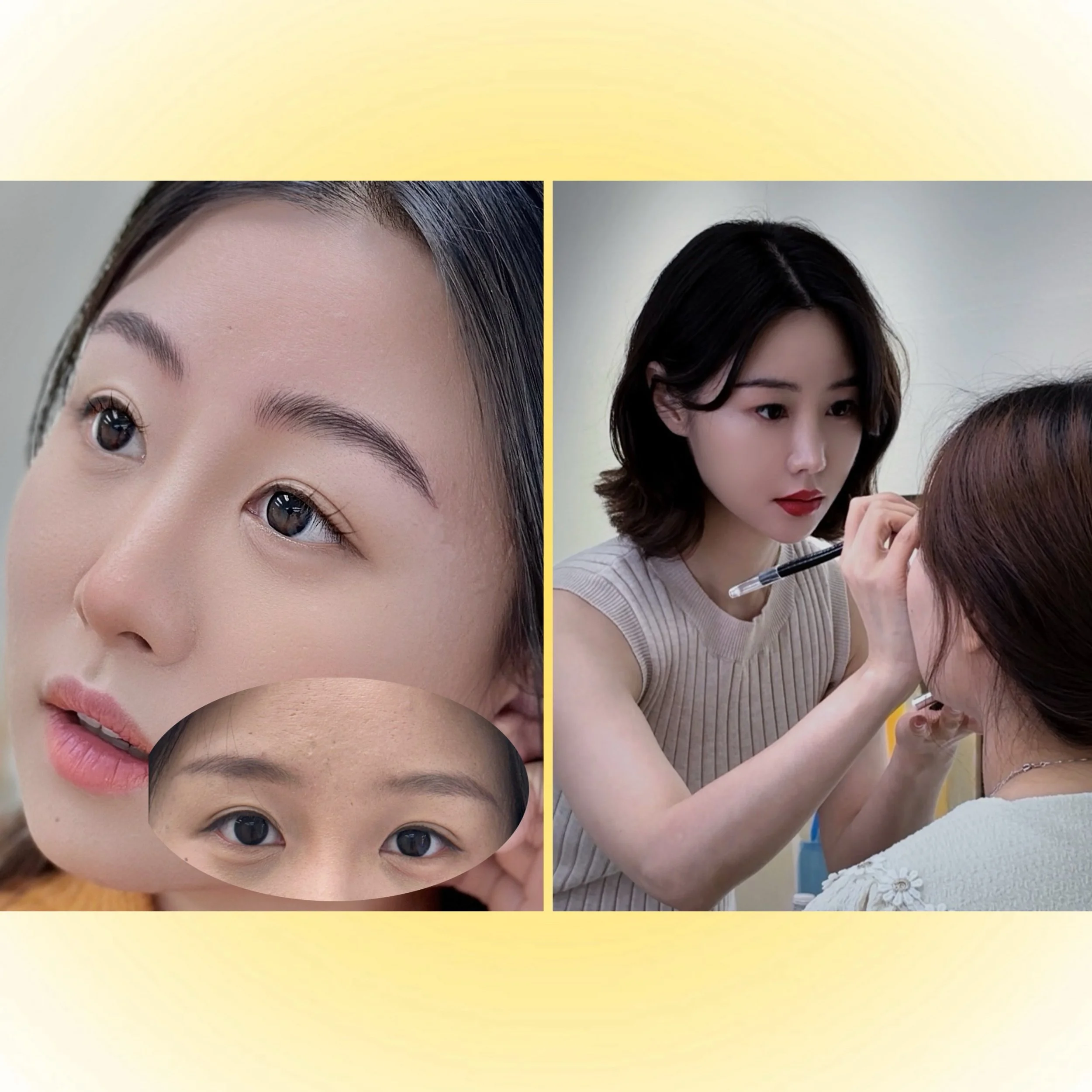 A woman with makeup applicator being styled by a makeup artist in a salon.
nano brows, microblading, lip blush, eyeliner and powder brows.